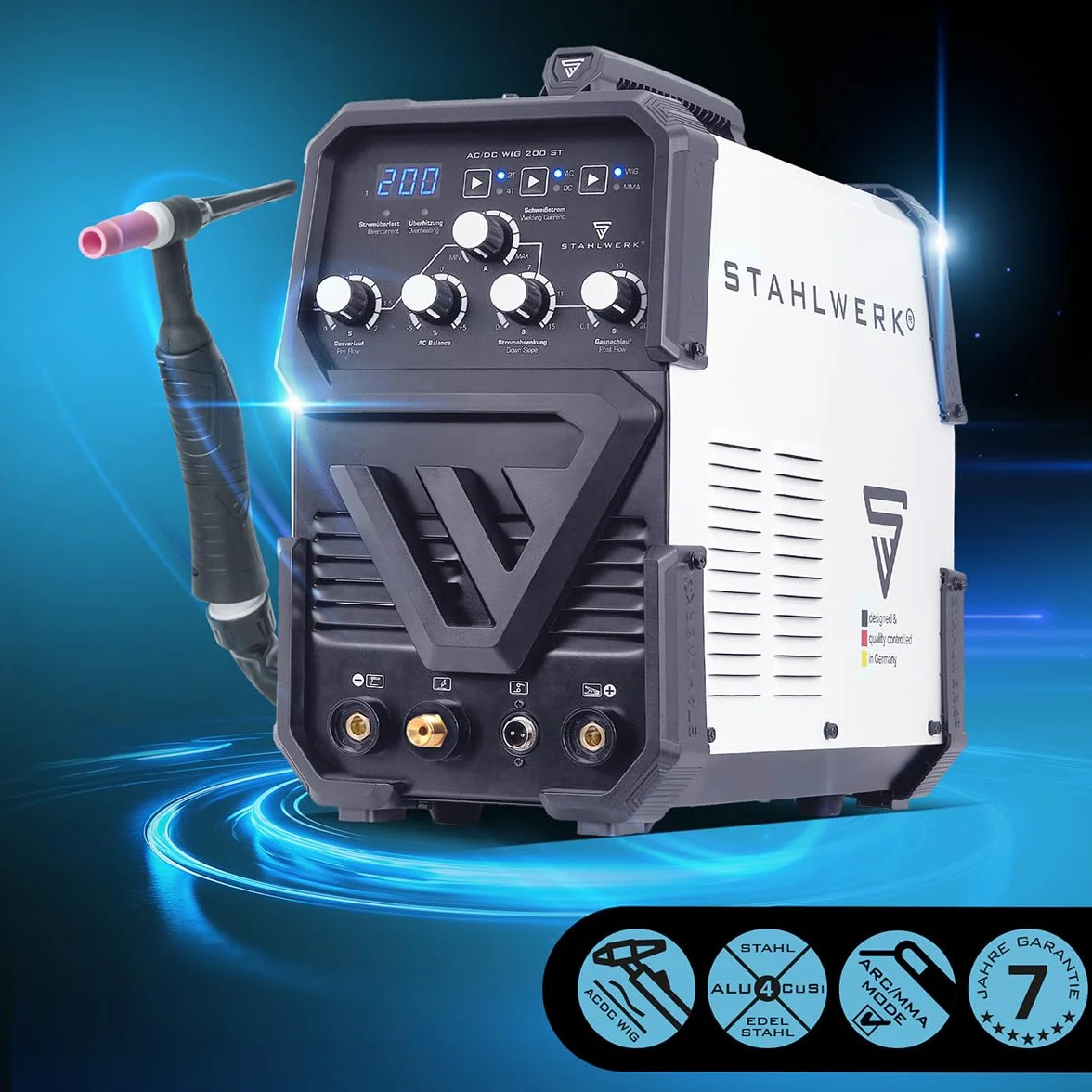 STAHLWERK Spawarka 2 w 1 Kombi AC/DC WIG 200 ST – WIG & MMA (E-Hand/ARC) do 200 A, zapłon HF, Hotstart, Anti-Stick, tryb 2T i 4T, spawanie AC WIG do aluminium, technologia IGBT
