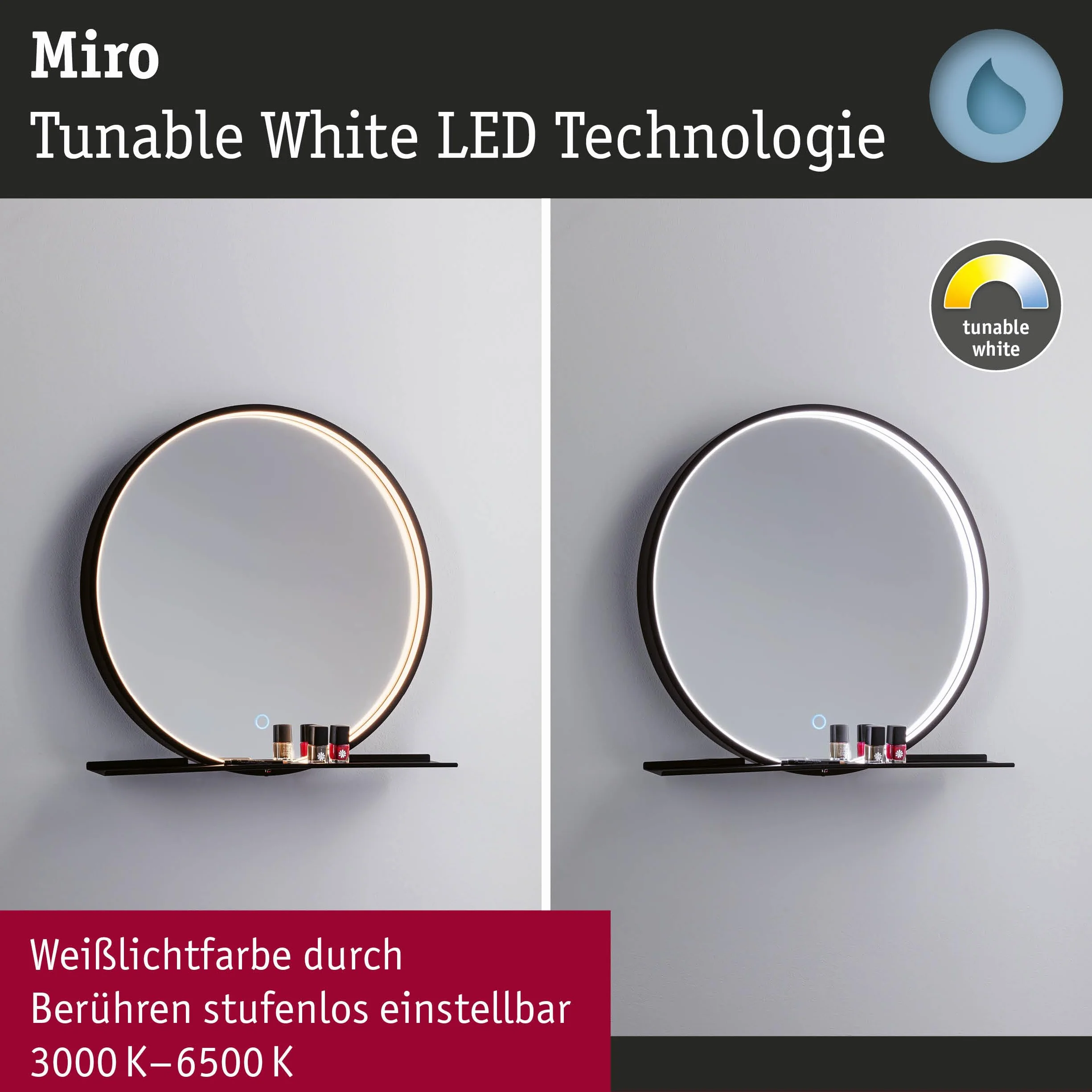 Paulmann 71090 LED lustro podświetlane Miro IP44 Tunable White 160lm 230V 10,5W lustro LED, czarny matowy oprawa łazienkowa