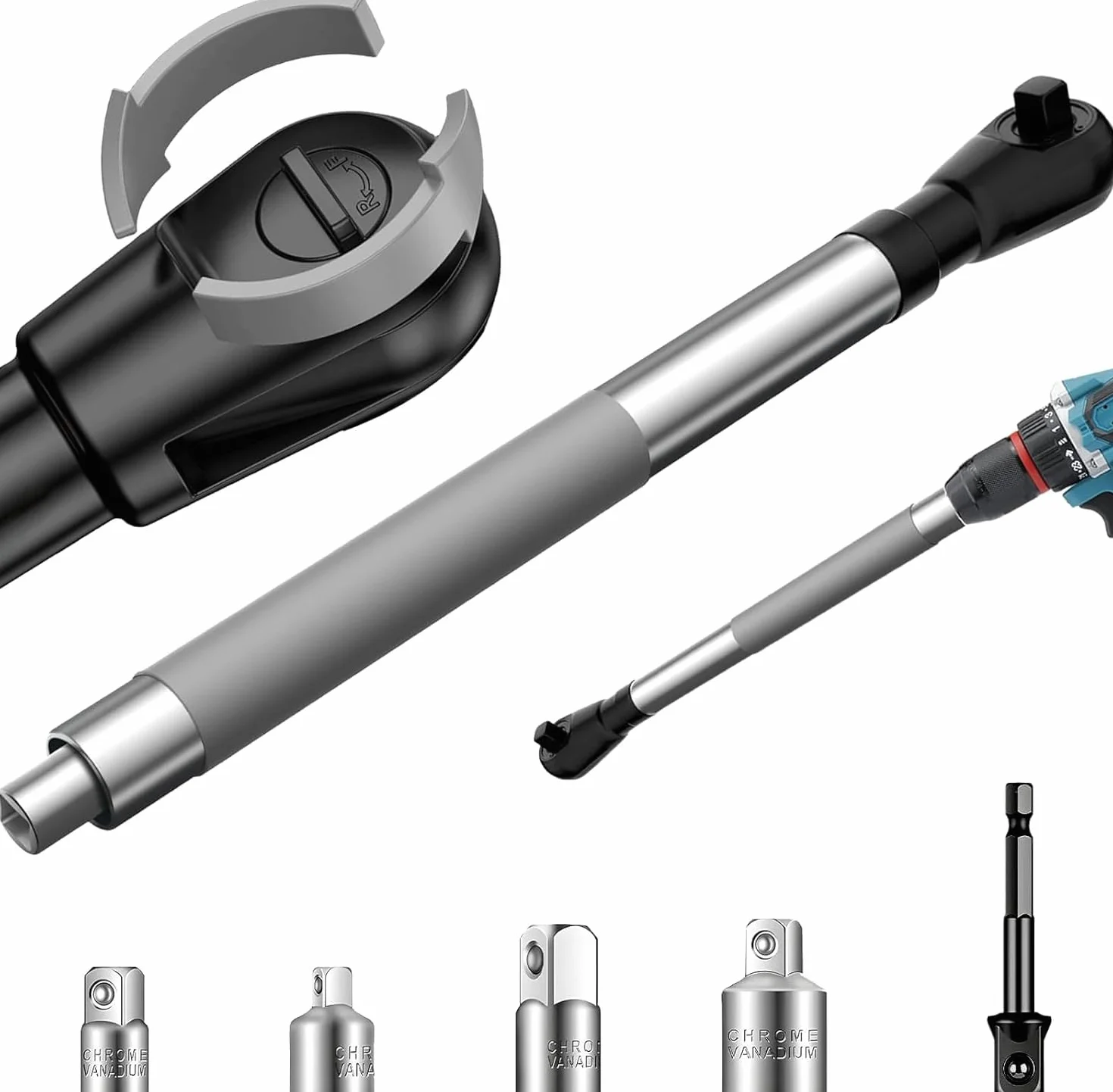 Klucz przedłużający offsetowy do wiertarek elektrycznych i kluczy udarowych, narzędzie wielofunkcyjne zawiera 4 adaptery tulei nasadowych i adapter wiertarki elektrycznej 1/5.1 cm, wąski do