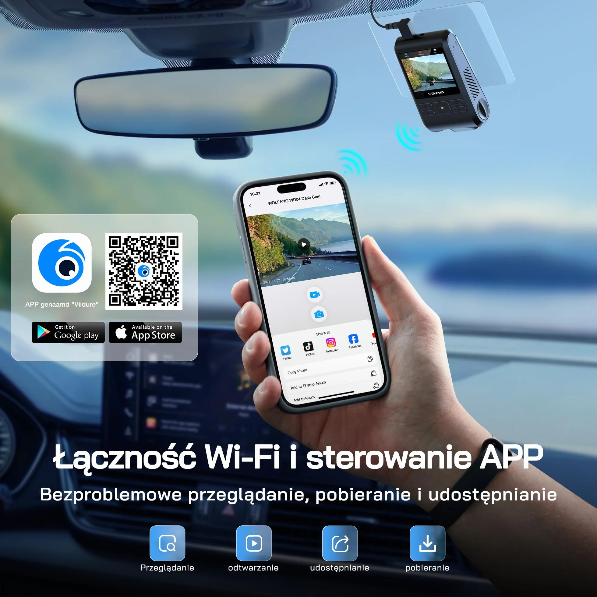 Kamera samochodowa WOLFANG 2.5K Wi-Fi 32GB podwójna z noktowizorem nagrywanie w pętli czujnik G szeroki kąt 170
