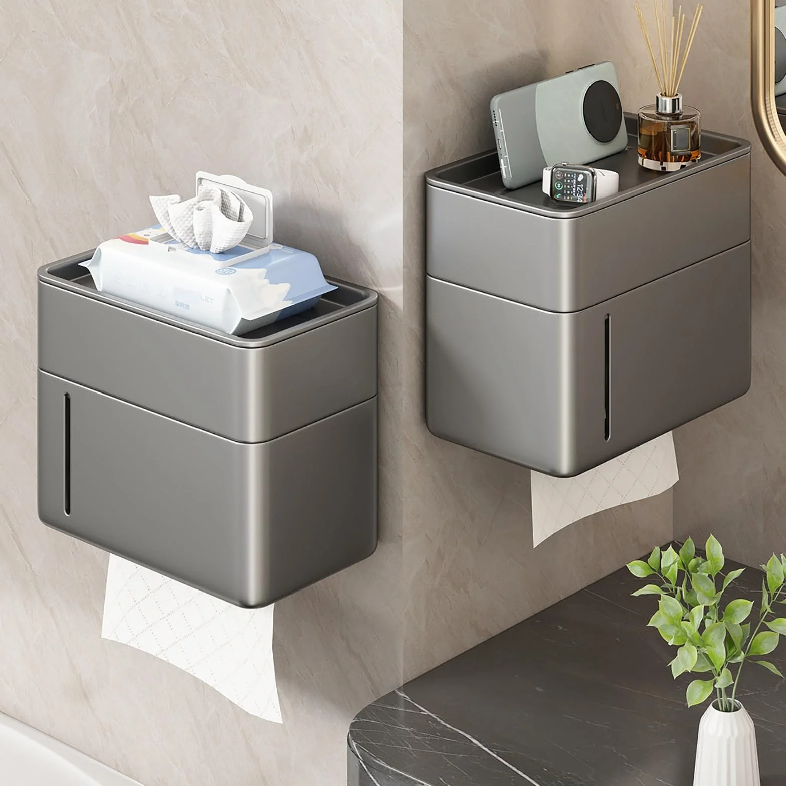 Dozownik Papieru Toaletowego, Dozownik Ręczników Papierowych Montowany na Ścianie, Dozownik Chusteczek Higienicznych, Rolkach Metalowy, Łazienkowych(Gray)