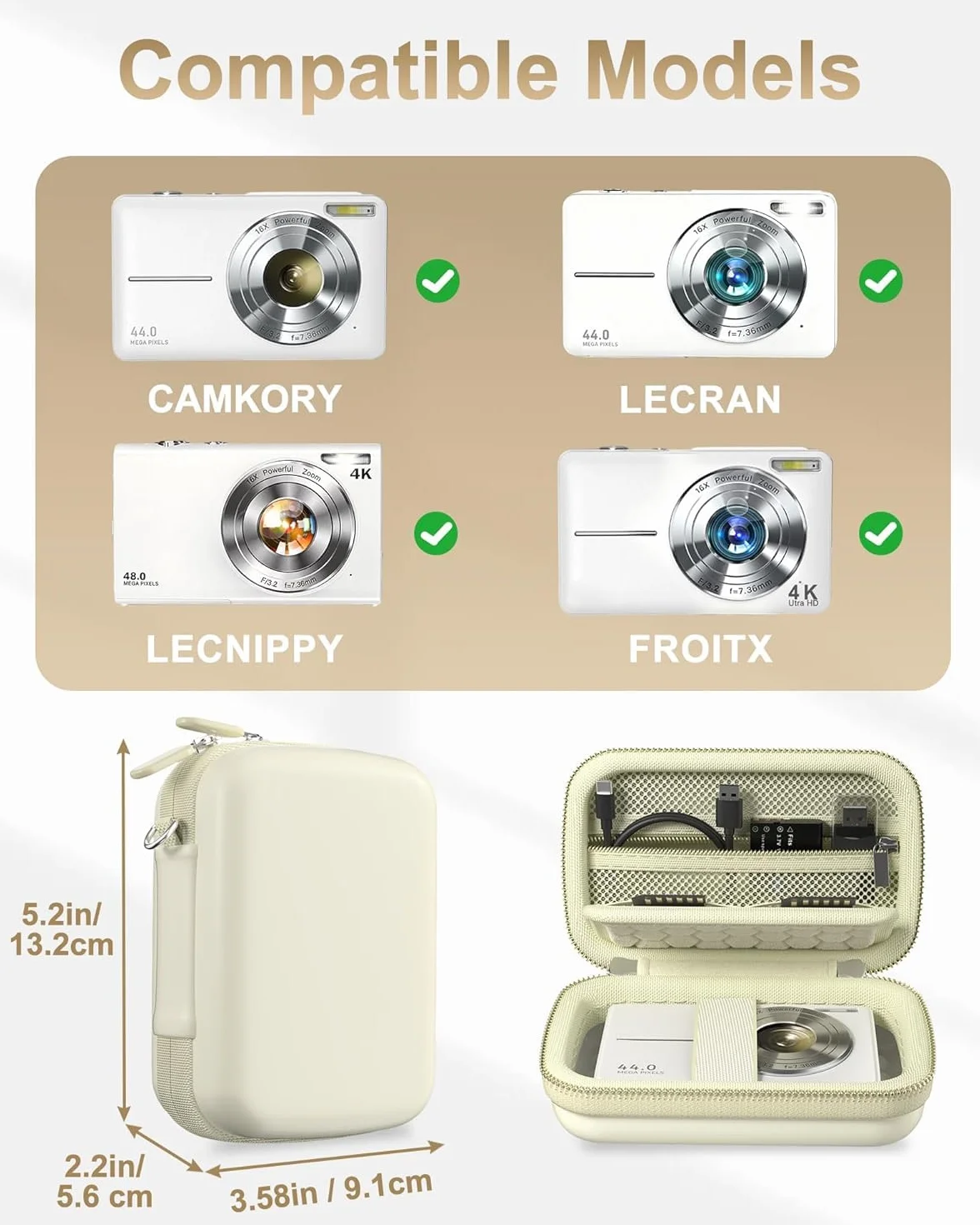 ProCase Twardy futerał podróżny na aparat Kodak PIXPRO FZ55/FZ45 4K - Kompaktowy, z kieszenią na baterie i kartę SD, kompatybilny z CAMKORY, Lecran i innymi, kremowy