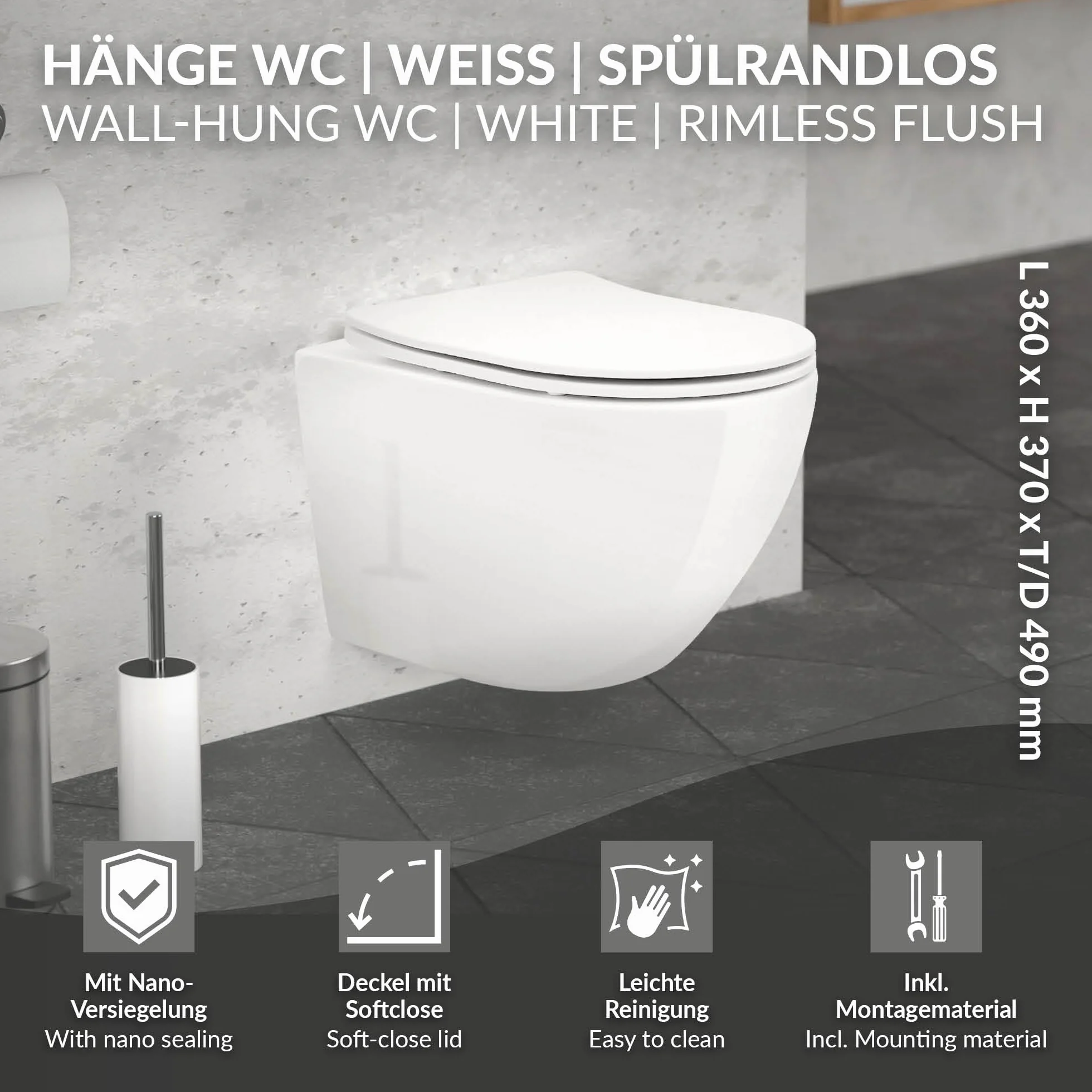 ECD Germany Rimless Toaleta wiszaca kompaktowa 49cm z powloka nano w odcieniu blyszczacej bieli ceramiczna miska z powloka antybakteryjna zdejmowana deska duroplastu z funkcja samoczynnego opuszczania