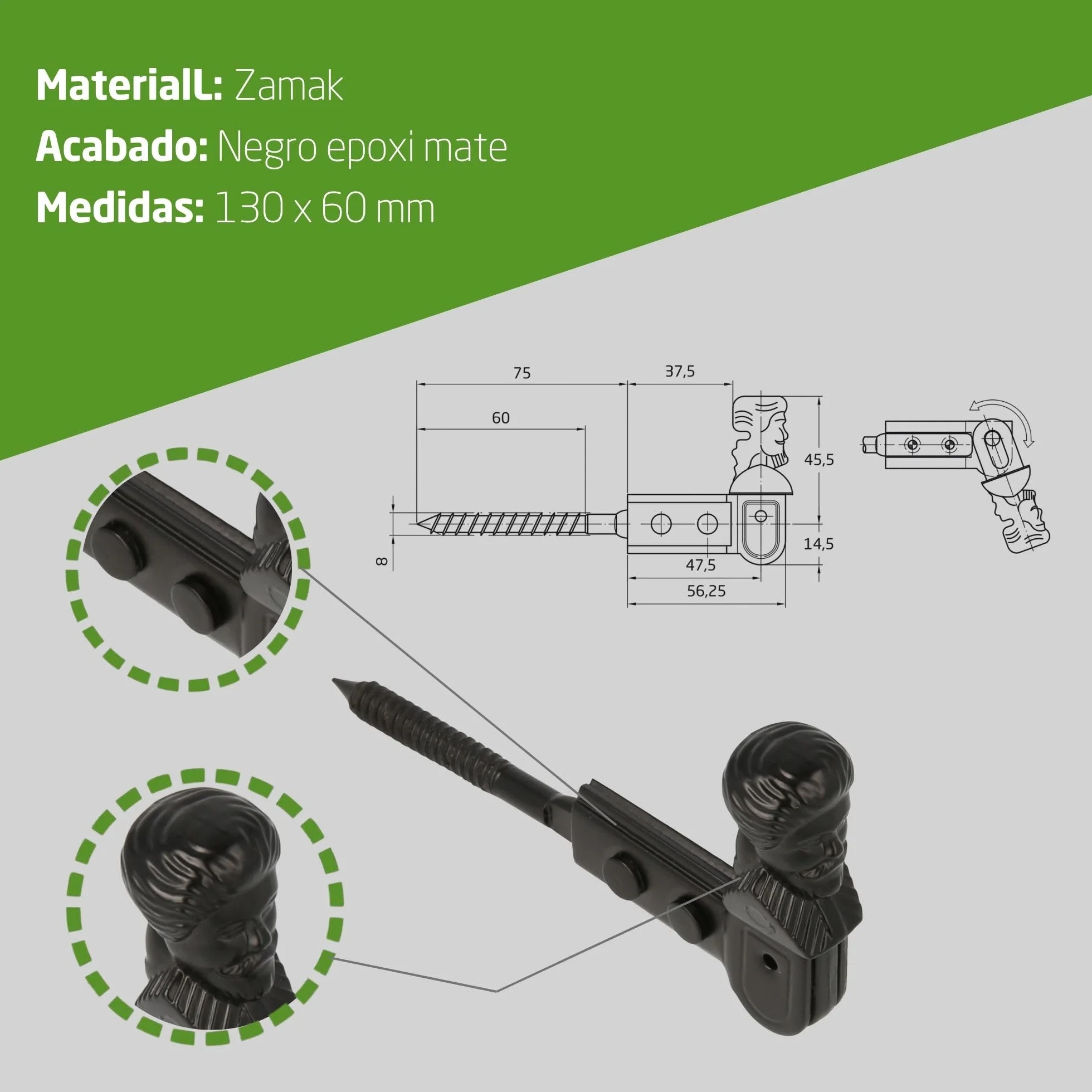 Amig - Dekoracyjny uchwyt do żaluzji Mod.6 - Wymiary: 157 x 60 mm - Kotwica zabezpieczająca w stylu kucia - Zapobiega uderzeniom i pęknięciom - Wykonana z matowej czarnej stali epoksydowej