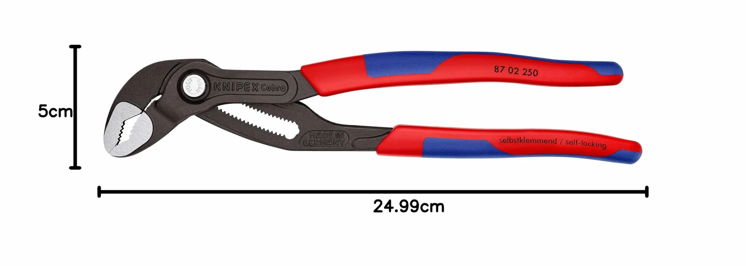 KNIPEX Cobra Szczypce nastawne do rur nowej generacji w opakowaniu z zawieszką fosforanowana, szara z wąskimi, wielokomponentowymi, 87 02 250 SB