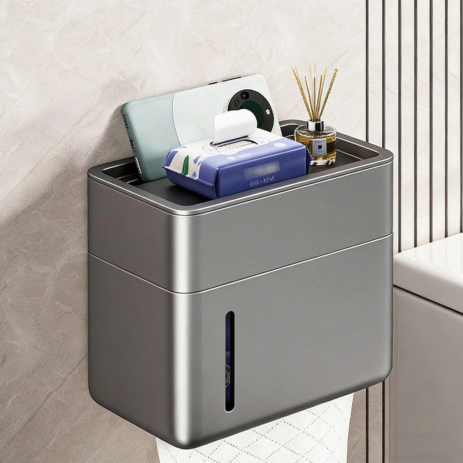 Dozownik Papieru Toaletowego, Dozownik Ręczników Papierowych Montowany na Ścianie, Dozownik Chusteczek Higienicznych, Rolkach Metalowy, Łazienkowych(Gray)