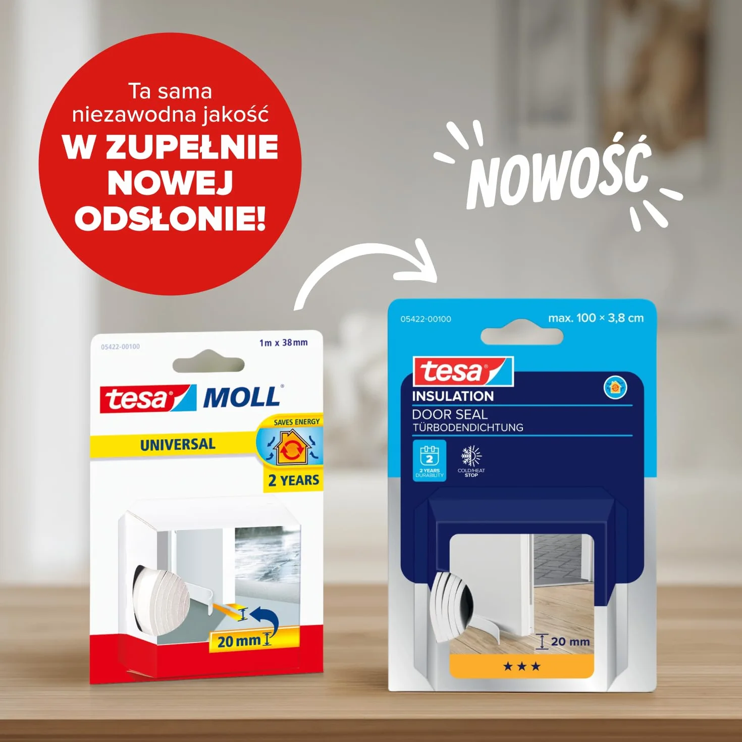 tesa INSULATION uszczelka do drzwi - samoprzylepna piankowa uszczelka dolna do drzwi - uszczelka do drzwi pokojowych chroniąca przed zimnem, przeciągami, kurzem i wilgocią - biała - 1 m x 38 mm