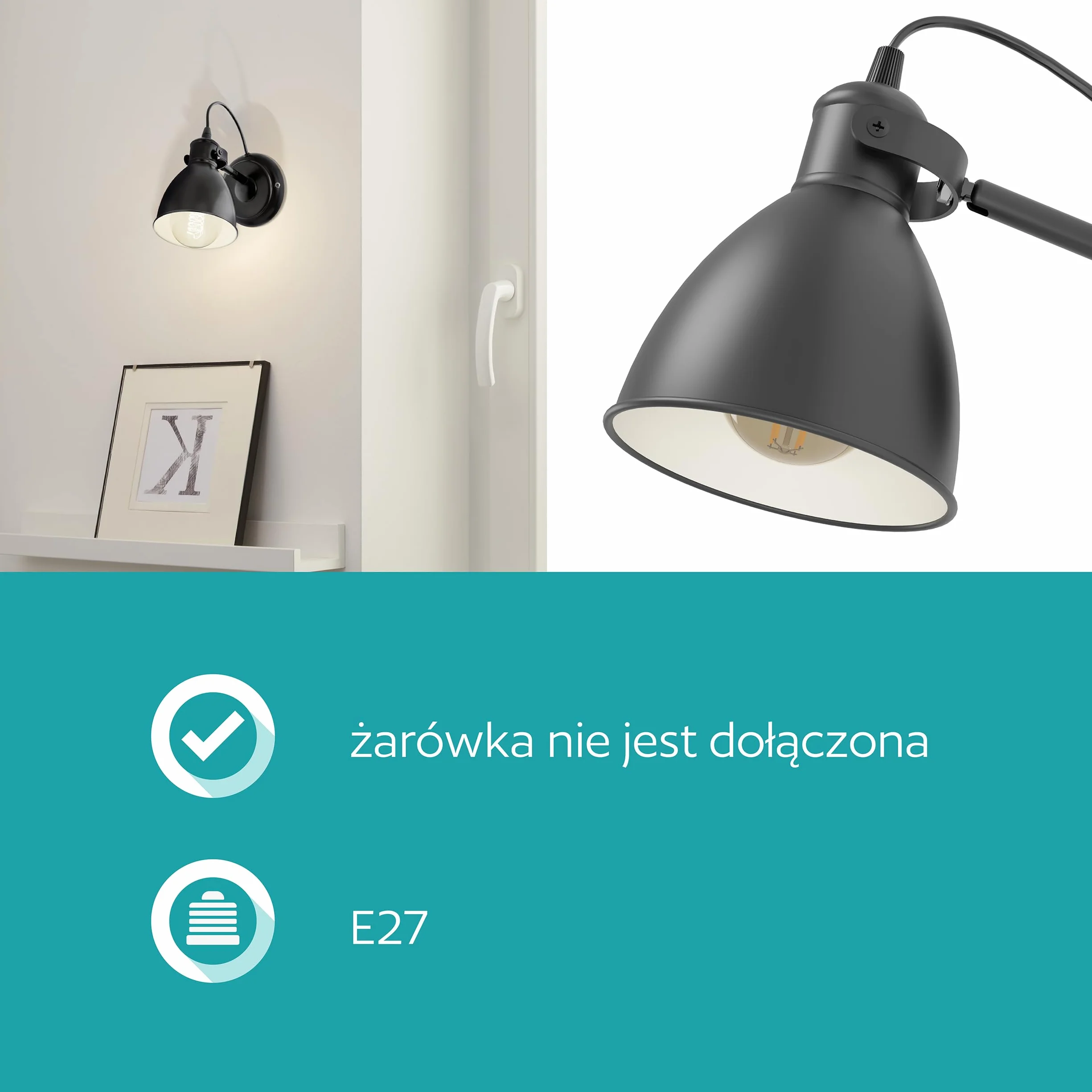 Eglo Priddy Vintage / industrialny design lampa ścienna, stalowy reflektor ścienny retro, czarno-biały, gniazdo E27
