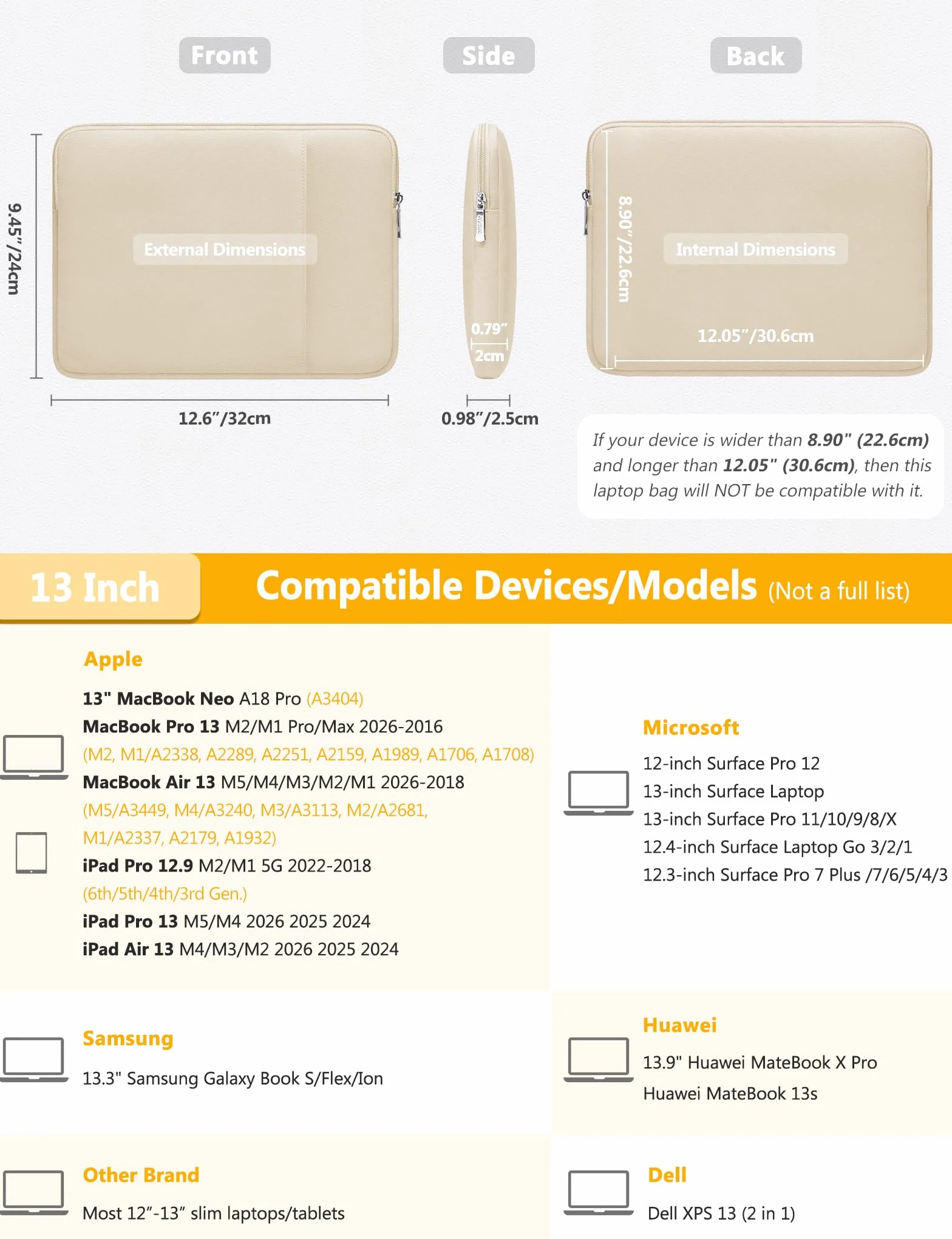 HYZUO 13 Cali Etui na Laptopa MacBook Air 13 M5/M4/M3/M2/M1, MacBook Pro 13 M2/M1, iPad Pro/Air 13, Piasek