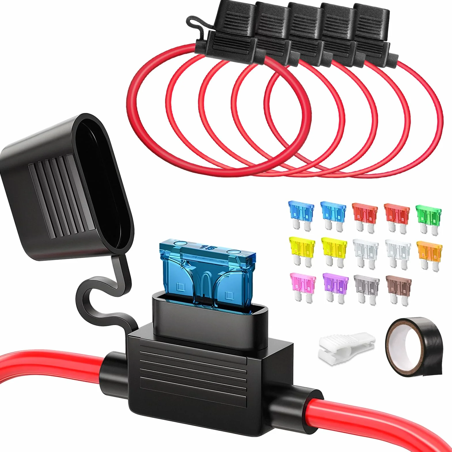 JOREST 5 sztuk 12(1)+16AWG (4) Standardowy uchwyt bezpieczników in-line, 12 V ATO ostrze bezpieczników do samochodów ciężarowych i motocykli + 14 szt. średnich (2A, 3A, 5A)