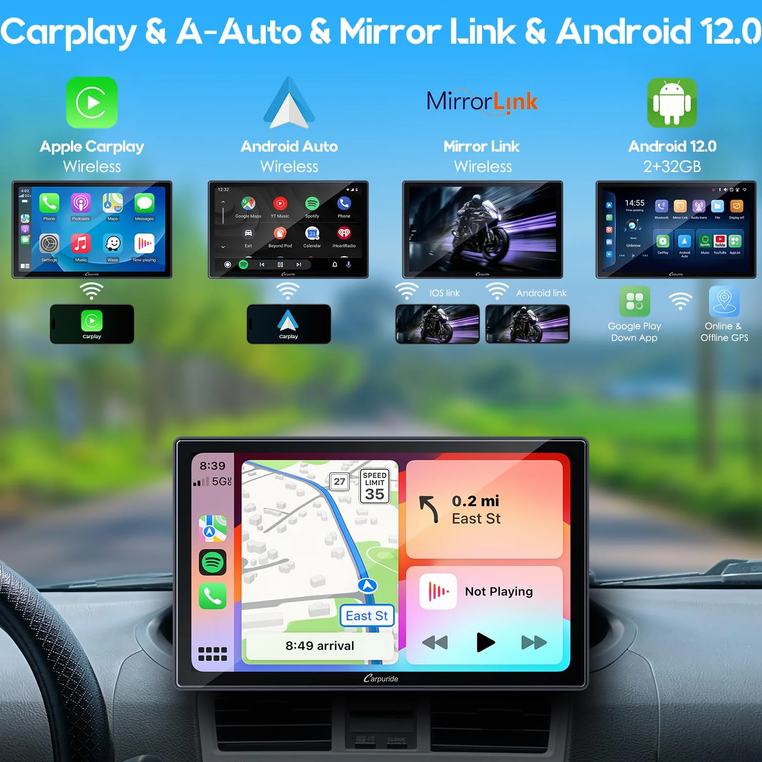 CARPURIDE W901 Plus, CarPlay & Android Auto, wbudowany GPS, system Android 12 2+32 GB, 9-calowy ekran HD, G00GLE Play, Bluetooth Audio, Mirror Link, GPS