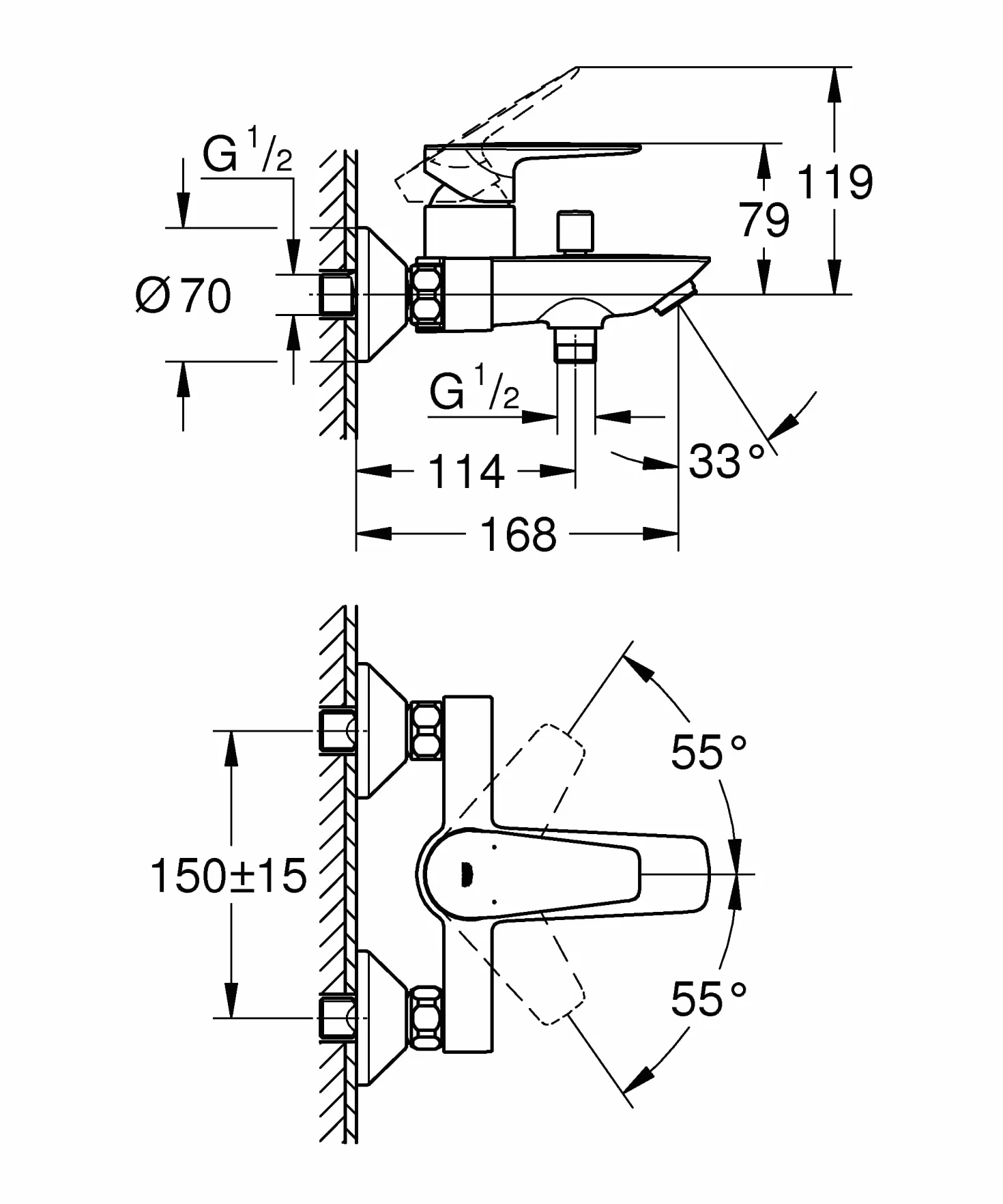 GROHE QuickFix Start Edge, bateria prysznicowa lub wanna, montaż na ścianie i dolnym wylocie, mniejsze zużycie wody, instalacja z QuickSpanner włączone, chrom, 24198001
