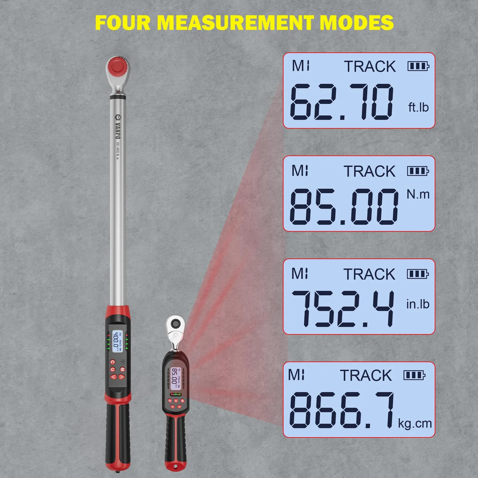 VANPO Cyfrowy klucz dynamometryczny 3/8" 4,2-85 Nm i 1/2" 20-400 Nm, dokładność błędu ± 2%, zestaw kluczy dynamometrycznych z dwukierunkową regulacją, wstępnie ustawiona pamięć, brzęczyk i wskaźnik