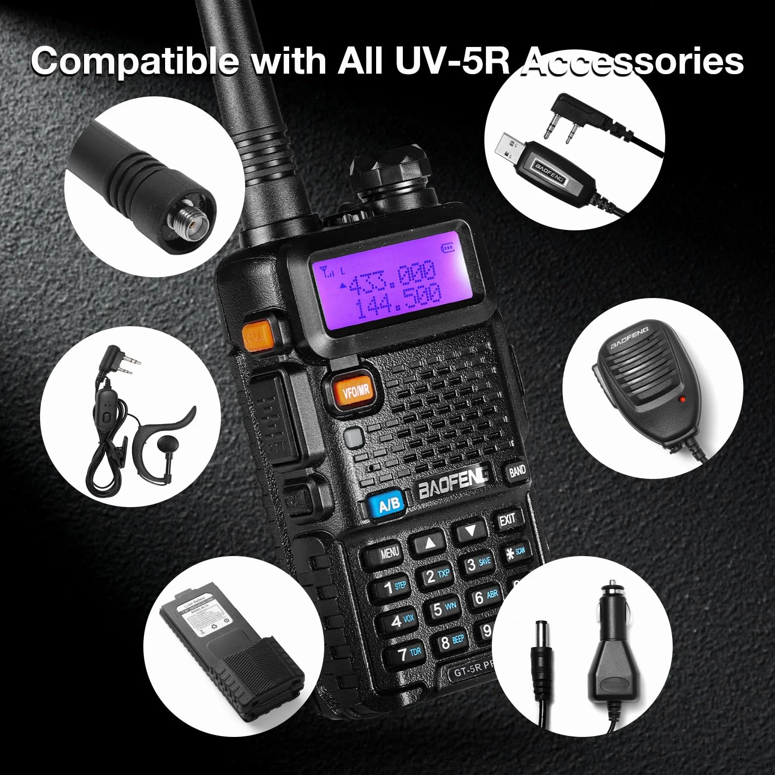 BAOFENG GT-5R Pro Walkie Talkie, UHF VHF 144-146/430-440 MHz, duży zasięg, 128 kanałów, bateria 1800 mAh, słuchawki dla dorosłych, obsługiwane przez Chirp
