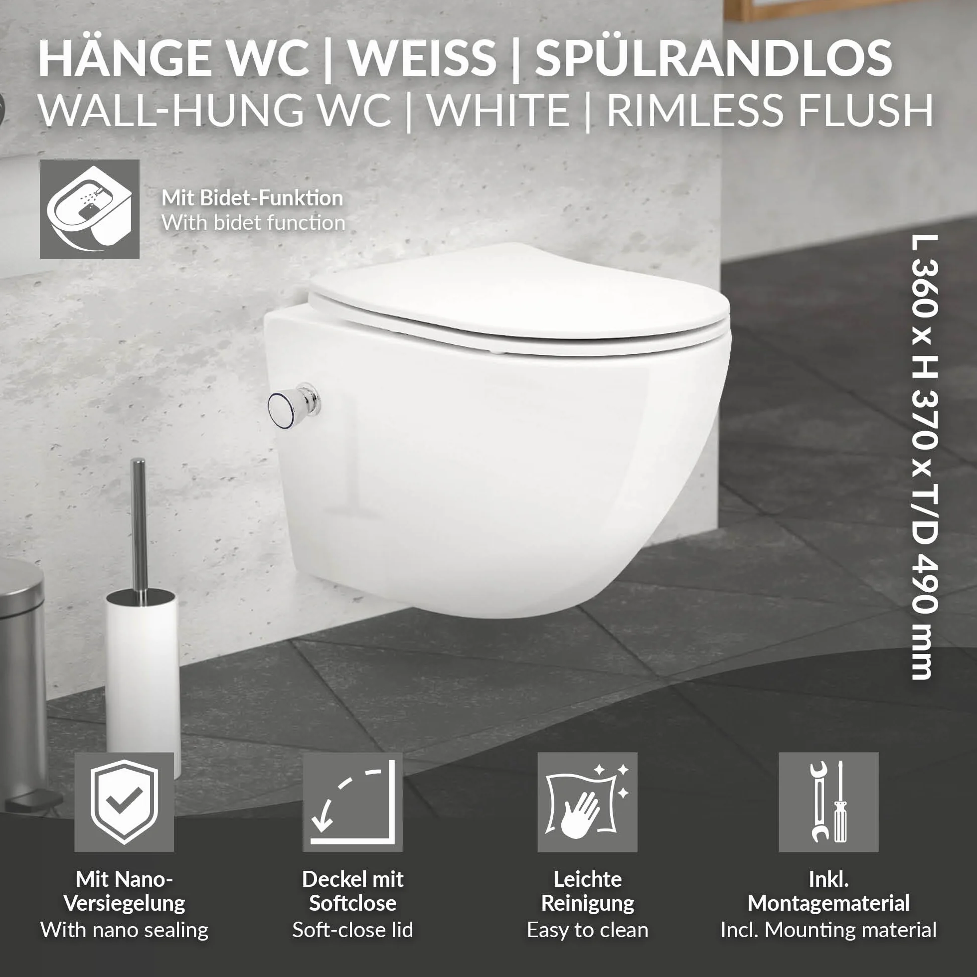 LuxeBath Toaleta podwieszana bez kolnierza kompaktowa 49 cm biala z funkcja bidetu powloka nano ceramiczna z wyjmowana deska Duroplast z wolnym opadaniem efekt lotosu latwa w utrzymaniu czystosci
