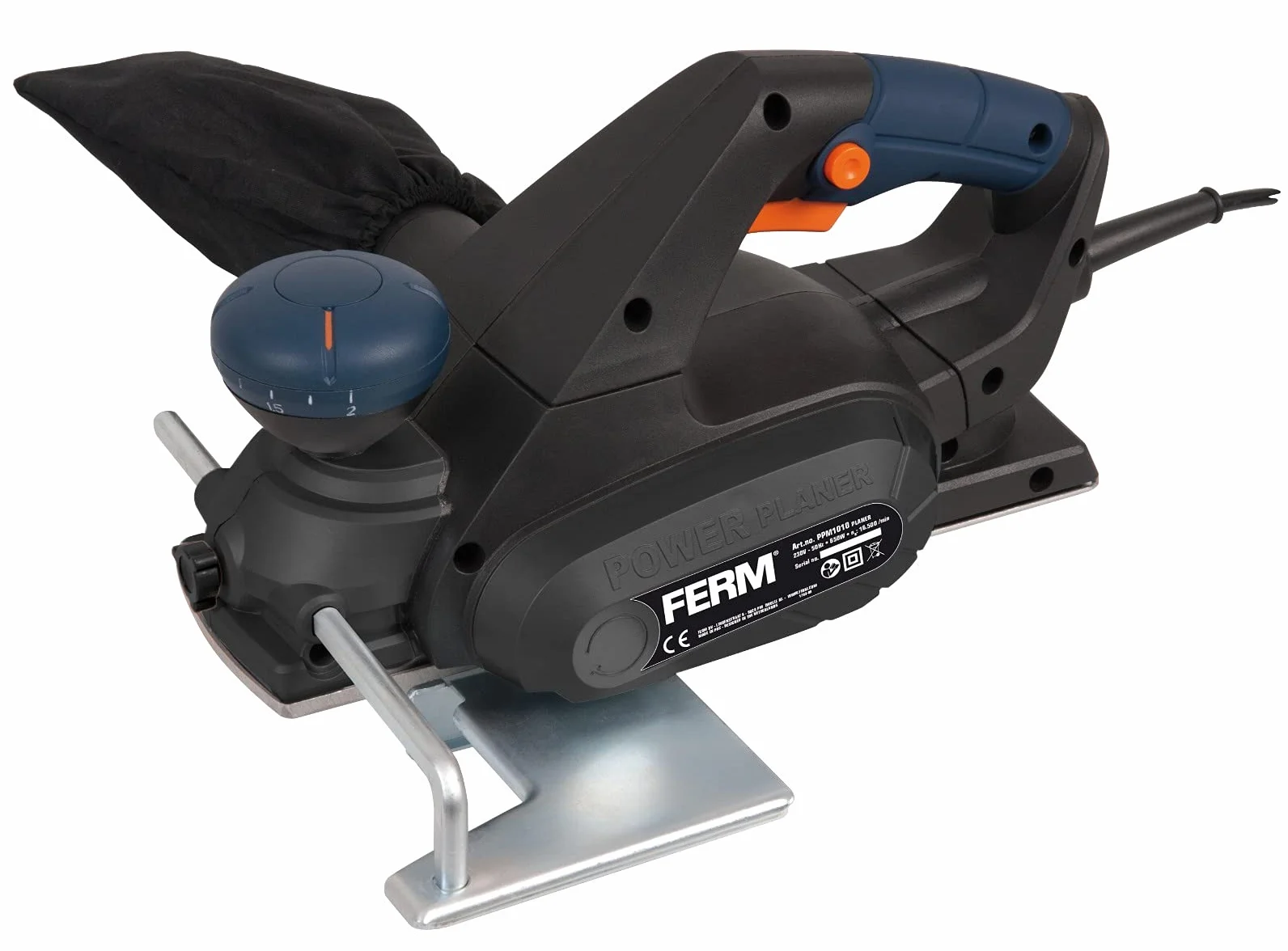 FERM Strug elektryczny, 650 W, miękki uchwyt, 8 pozycji, prowadnica równoległa, z workiem na kurz