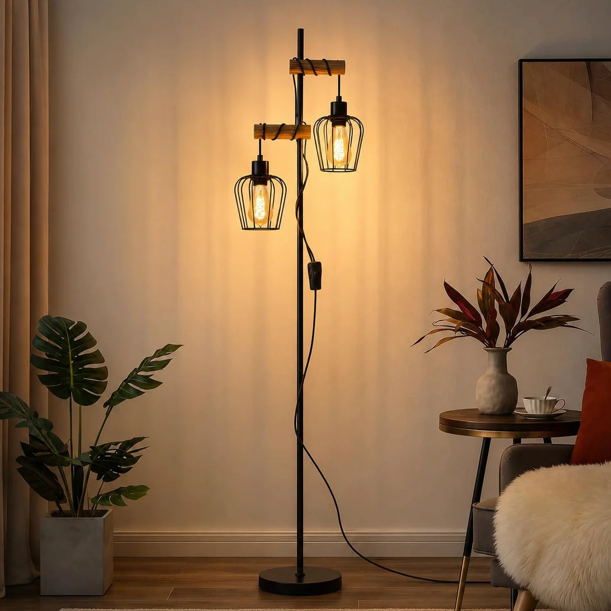 ZMH Lampa podłogowa do salonu z drewna, czarna stojąca lampa - Vintage lampa do salonu stojąca w stylu industrialnym, metalowa lampa stojąca, 2-płomienna, gwint E27, 151cm lampa stojąca do sypialni