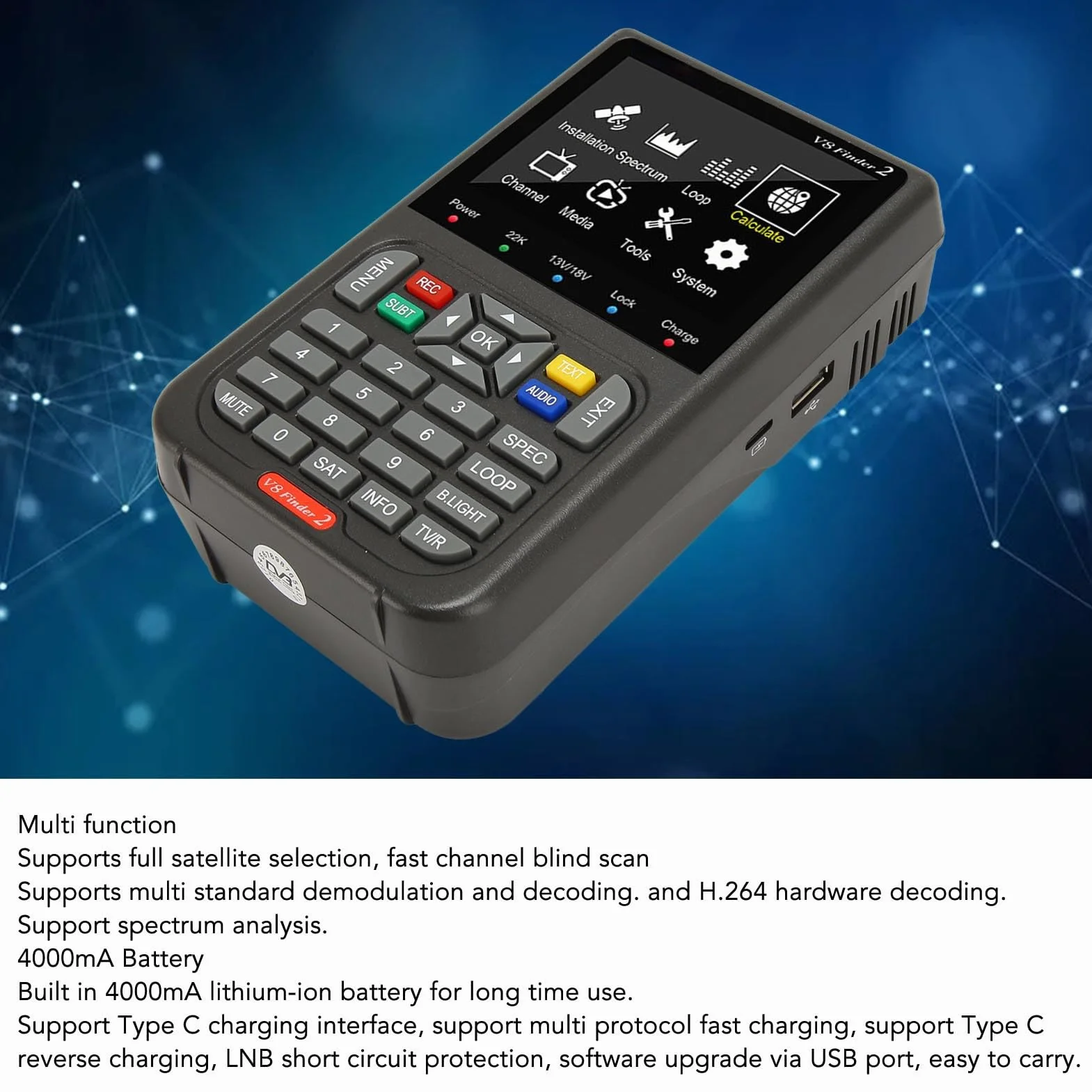 Miernik Sygnału Satelitarnego V8 Finder 3, 3,5-calowy LCD HD, Bateria 4000 mAh, Odbiornik S2X/S2/S MPEG-2/4