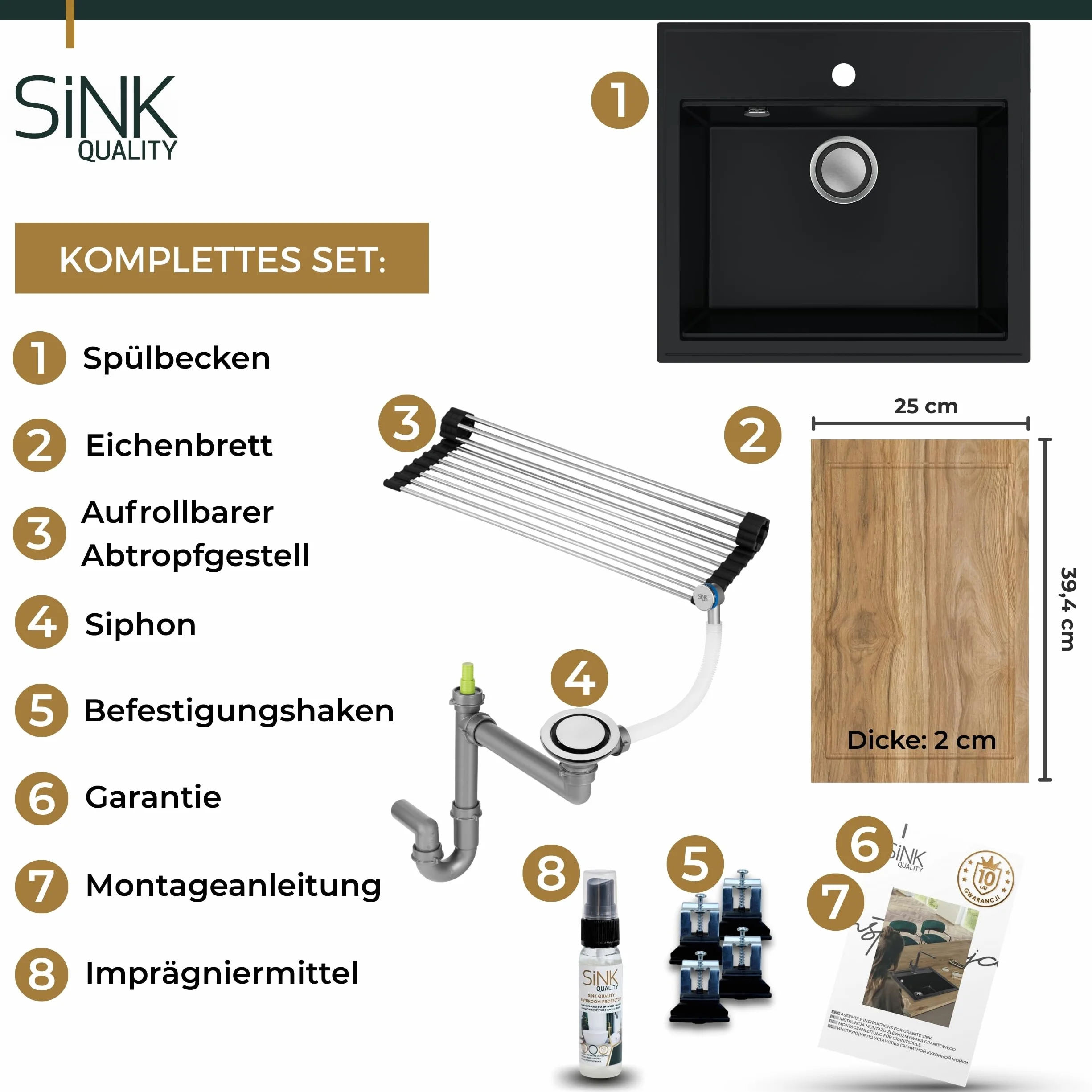 SINK Quality zlewozmywak czarny granit 56 x 51 cm – nowoczesny zlewozmywak kuchenny z deską do krojenia, syfonem Pop Up, ociekacz, środek impregnujący – zlewozmywak do zabudowy do szafki pod umywalkę