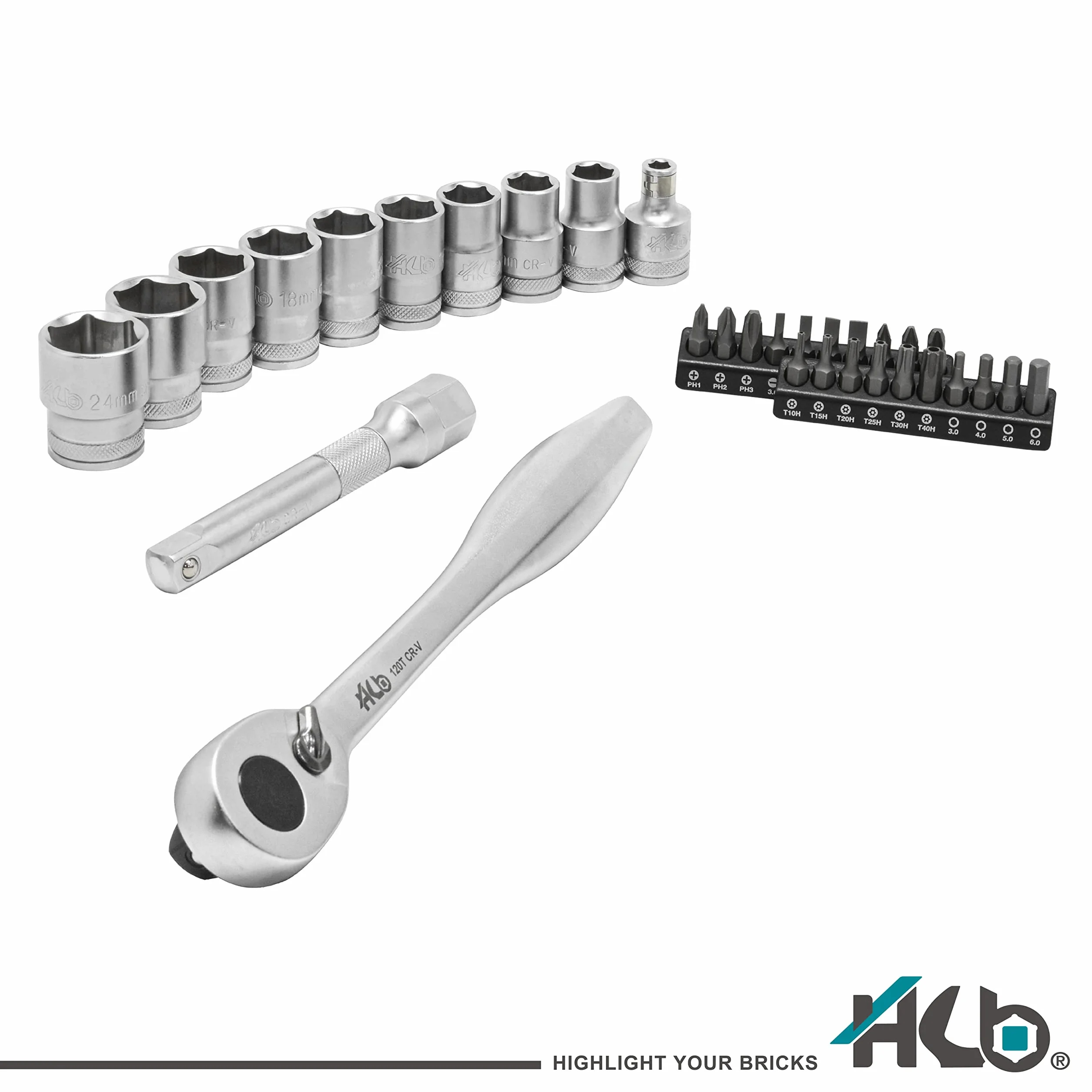 HB Zestaw Nasadek 32 Sztuki 1/2" z Grzechotką 120 Zębów Rewersyjną i Uszczelnioną, Bity Torx PZ PH SL HEX, Przedłużka, Stojak, Made in Taiwan AKM023-G