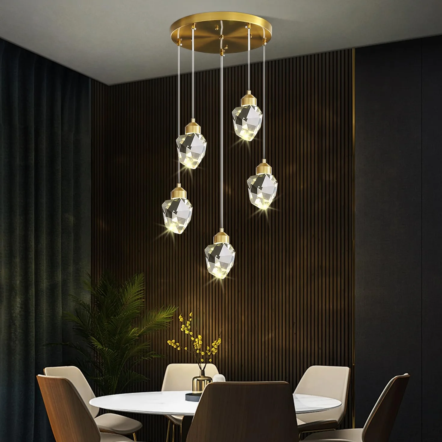 Nowoczesna kryształowa lampa wisząca, 3 kolory LED kryształowa lampa wisząca, regulowana wysokość, złota sufitowa lampa wisząca do wyspy kuchennej, sypialni, jadalni (Złoty, 5-palnikowy)