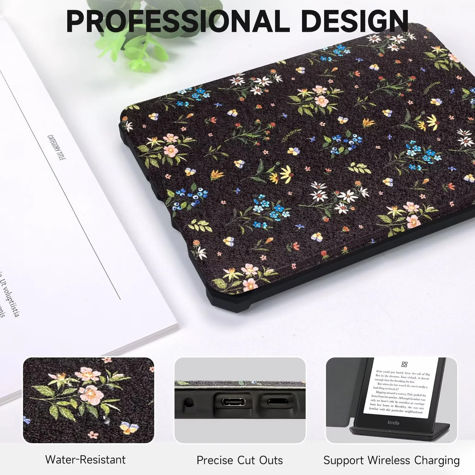 Etui kompatybilne z Kindle Paperwhite 6" 5/6/7 generacji, TPU z paskiem na rękę, tryb uśpienia/wybudzenia, Black Floral