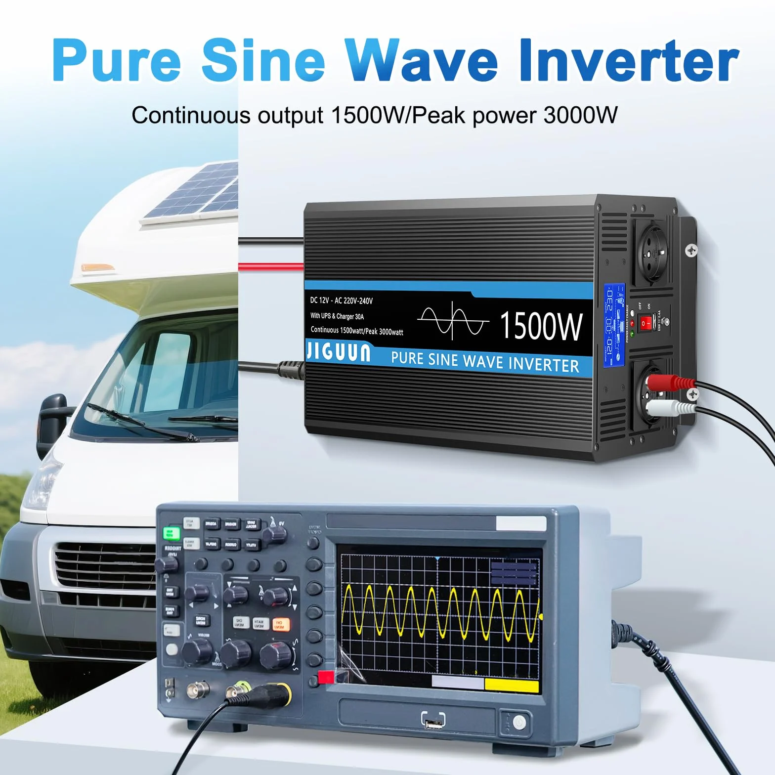 JIGUUN Przetwornica napięcia 1500 W 3000 W 12 V 230 V 30 A USV 2 gniazda EU pilot LCD