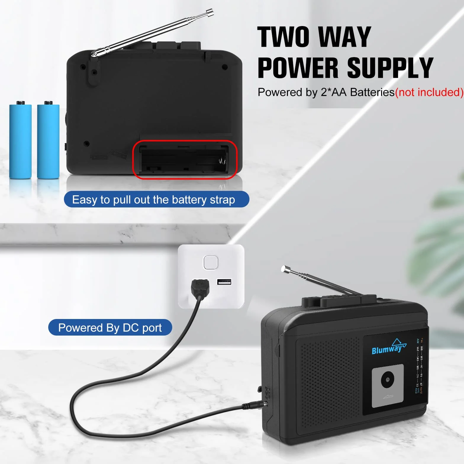 BlumWay Bluetooth przenośny odtwarzacz kasetowy retro AM/FM stereo z głośnikiem