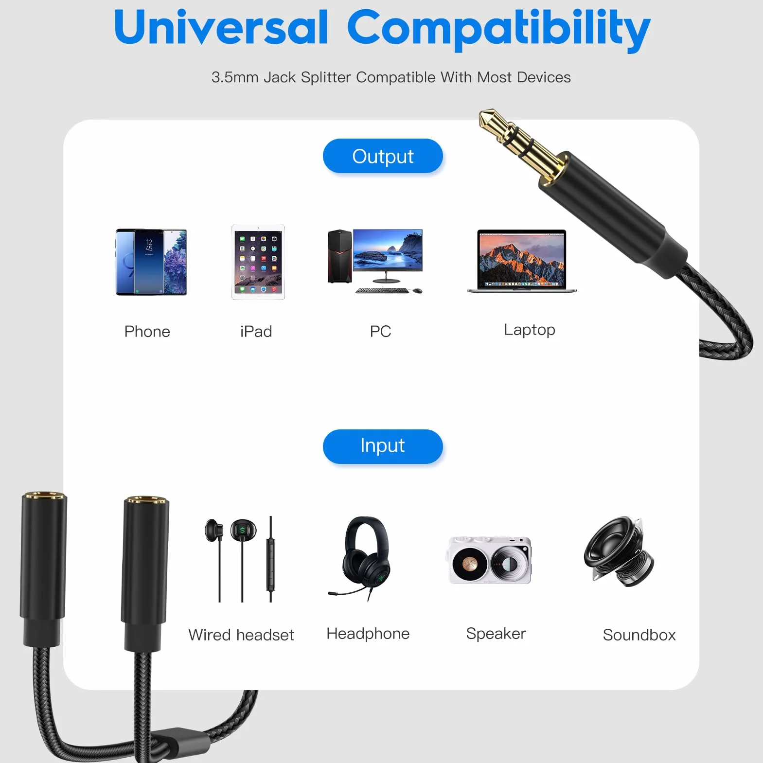 Rozdzielacz audio Aux kabel słuchawkowy 3,5 mm stereo jack adapter kompatybilny ze słuchawkami tabletami komputerami radiem