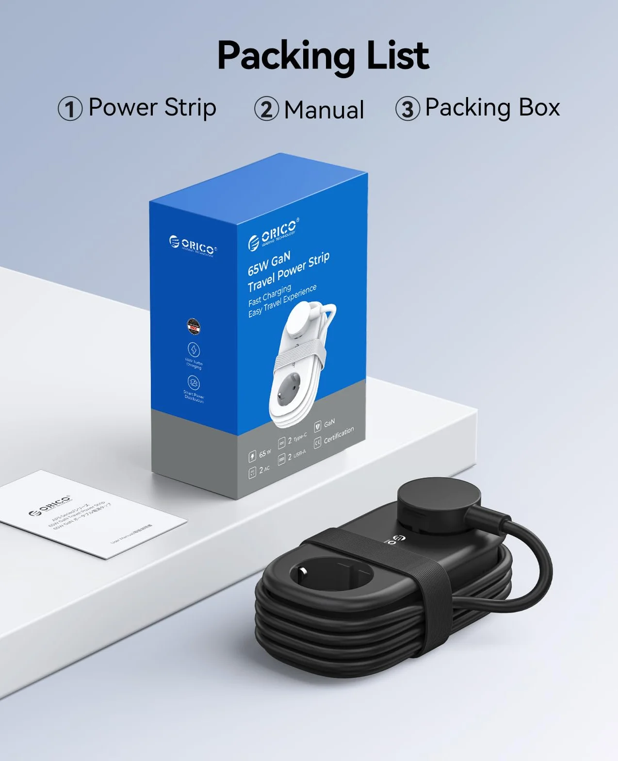 ORICO GaN listwa zasilająca 65 W z USB C, 6 w 1, listwa zasilająca do szybkiego ładowania z 4 USB, przedłużacz o długości 1,6 m, do MacBooka, iPada, telefonu komórkowego, w podróży, AP3, kolor czarny