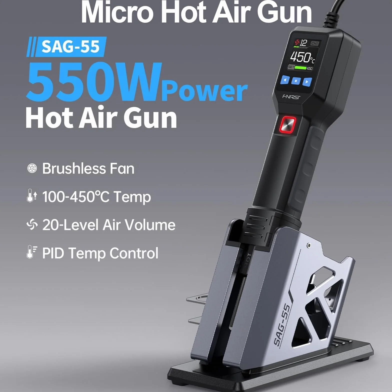 Pistolet lutowniczy, wielofunkcyjna stacja lutownicza na gorące powietrze, zakres temperatur 100°C–450°C, 20-stopniowa regulacja objętości powietrza z wyświetlaczem LED