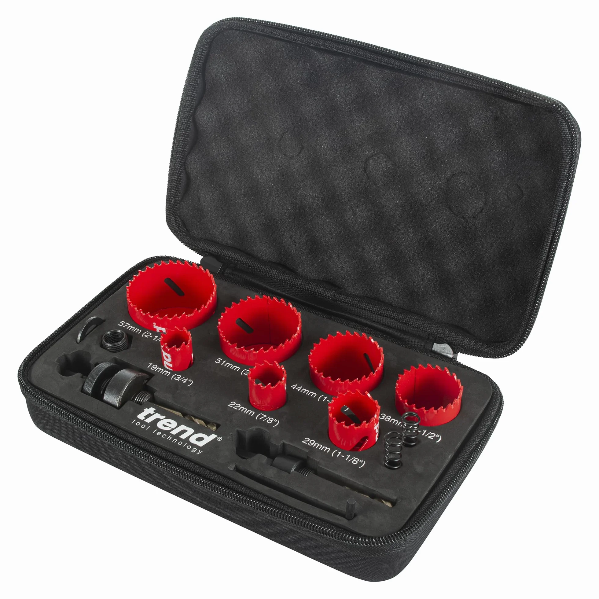 Trend Zestaw 7 otwornic hydraulicznych 19–57 mm, szybkie cięcie | 7 otwornic 19–57 mm do szybkich, precyzyjnych otworów w płytach GK, drewnie i plastiku HS/SET/7
