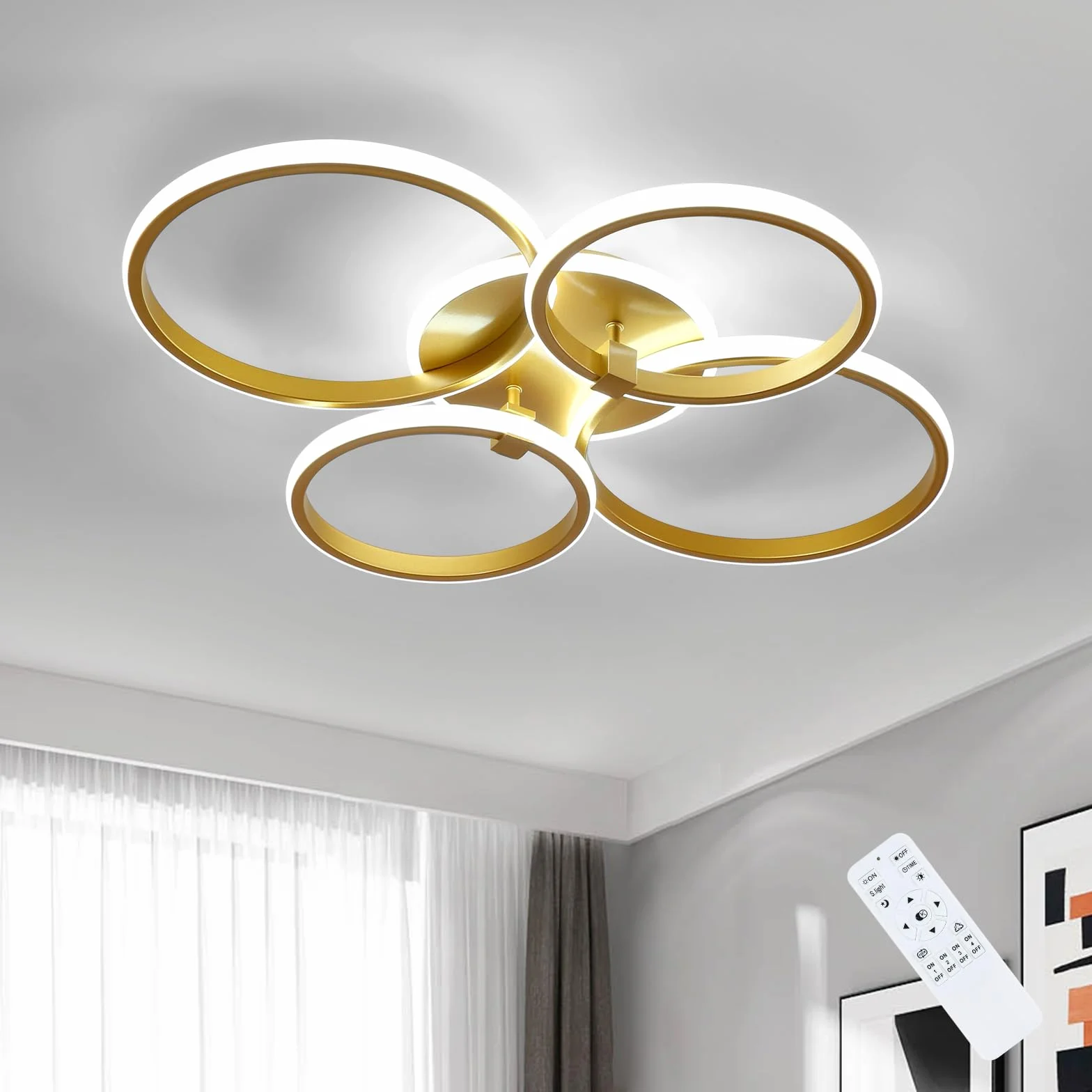 Comely Regulowany Plafon LED, 36W Nowoczesna Oprawa Sufitowa Z Pilotem/3000K-6500K, 4 Pierścienie Okrągła Złota Lampa Sufitowa Do Salonu Sypialni Jadalni, 69 CM