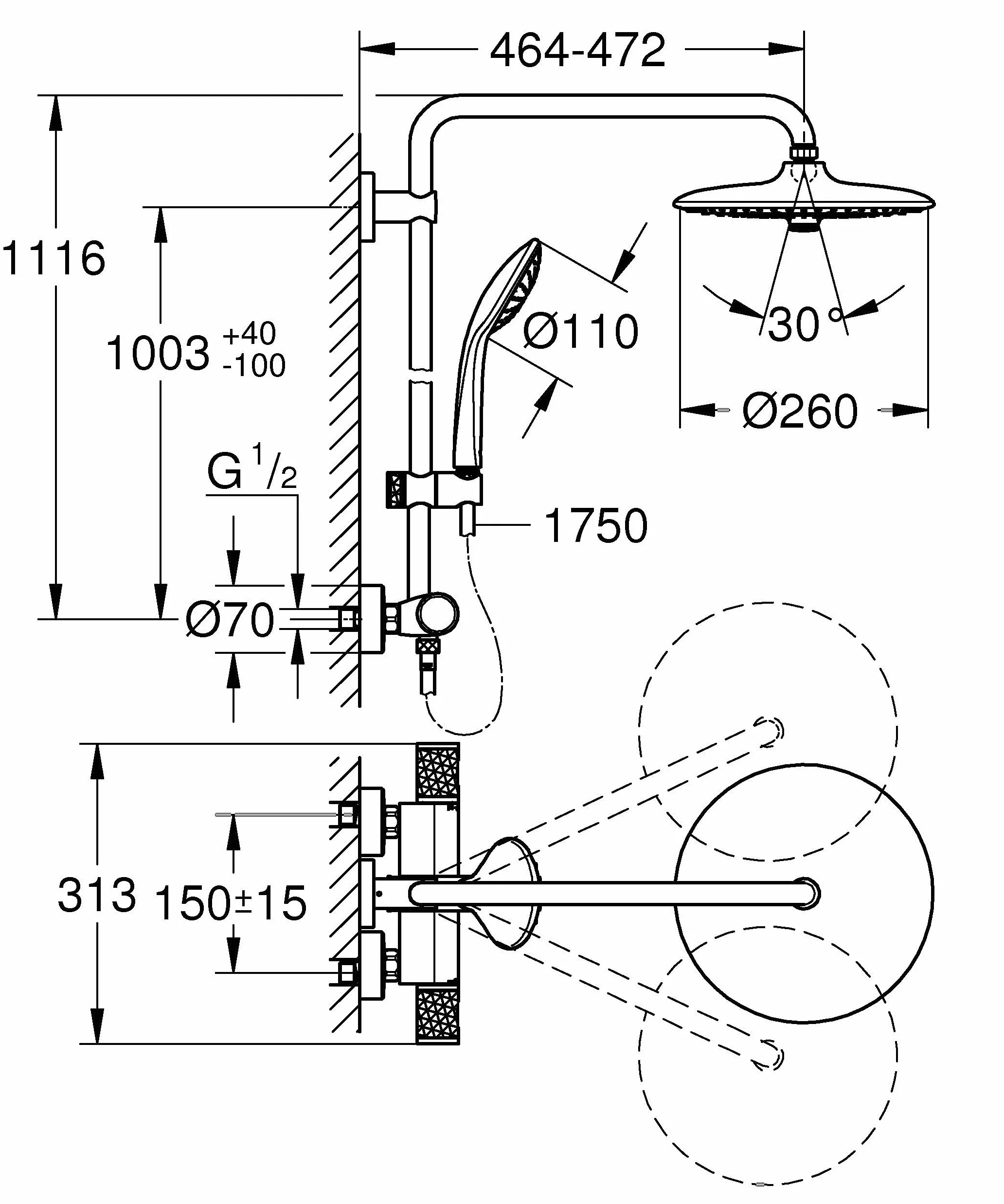 GROHE 26403KF2 Vitalio Joy Shower System prysznicowy z baterią termostatyczną do montażu na ścianie, Phantom Black