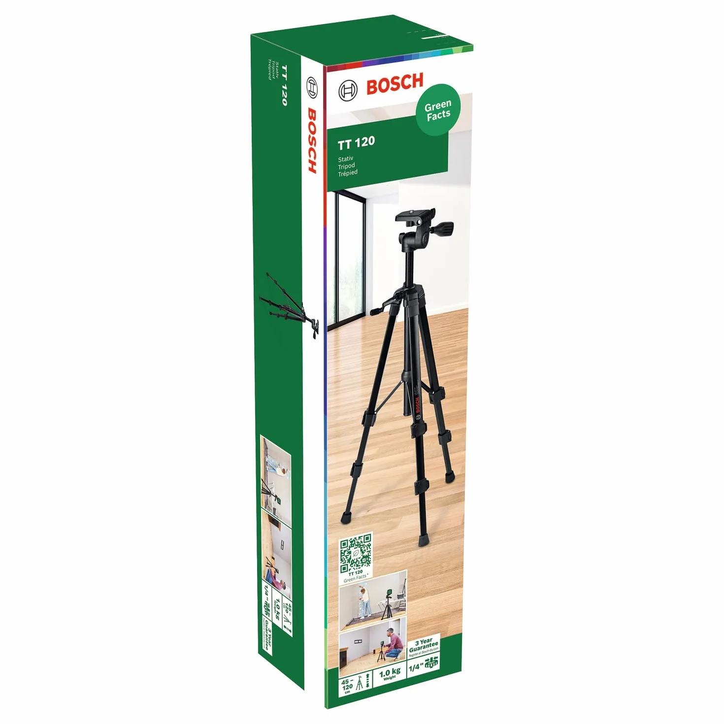 Statyw premium Bosch TT 120 (regulacja wysokości w zakresie 45-120 cm umożliwia szybkie i elastyczne pozycjonowanie laserów krzyżowych, opakowanie kartonowe)