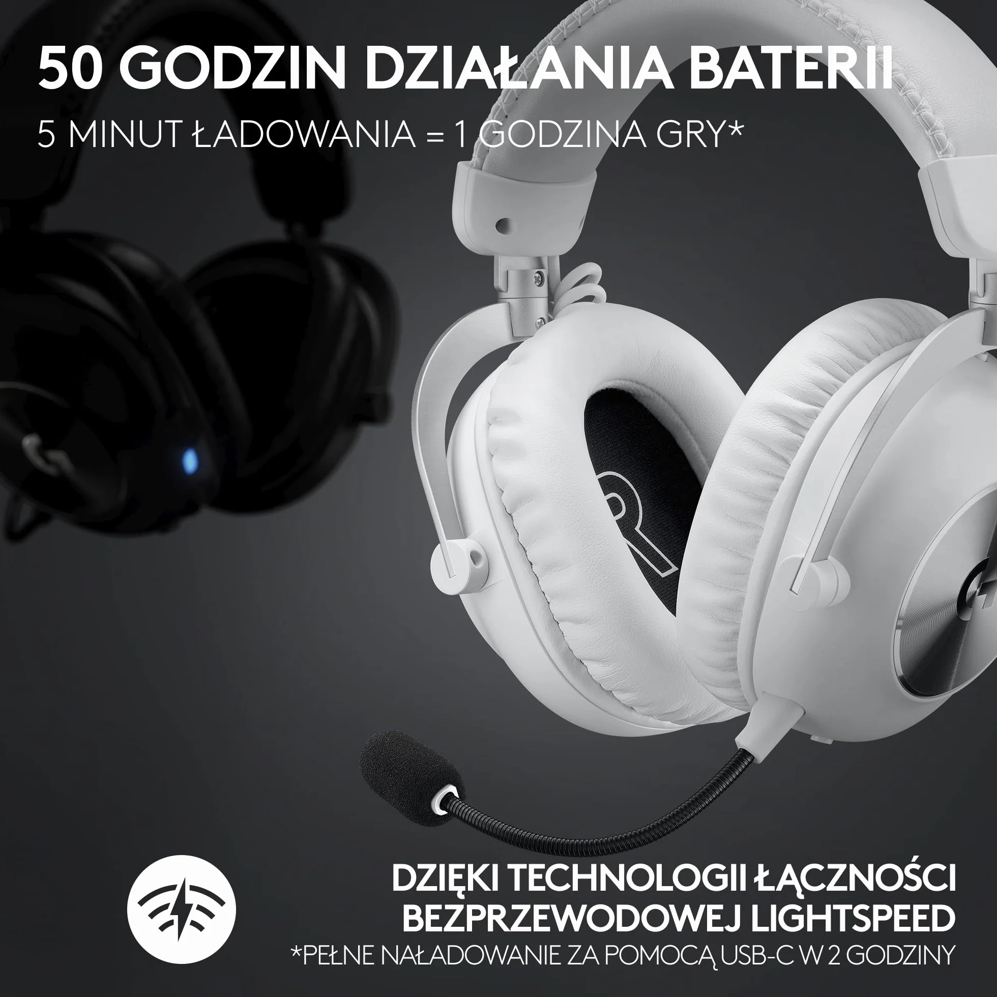 Logitech G PRO X 2 LIGHTSPEED Bezprzewodowe Słuchawki Grafenowe 50 mm DTS:X 2.0–7.1 Surround Bluetooth USB Aux 3,5 mm PC PS5 PS4 Nintendo Switch Biały
