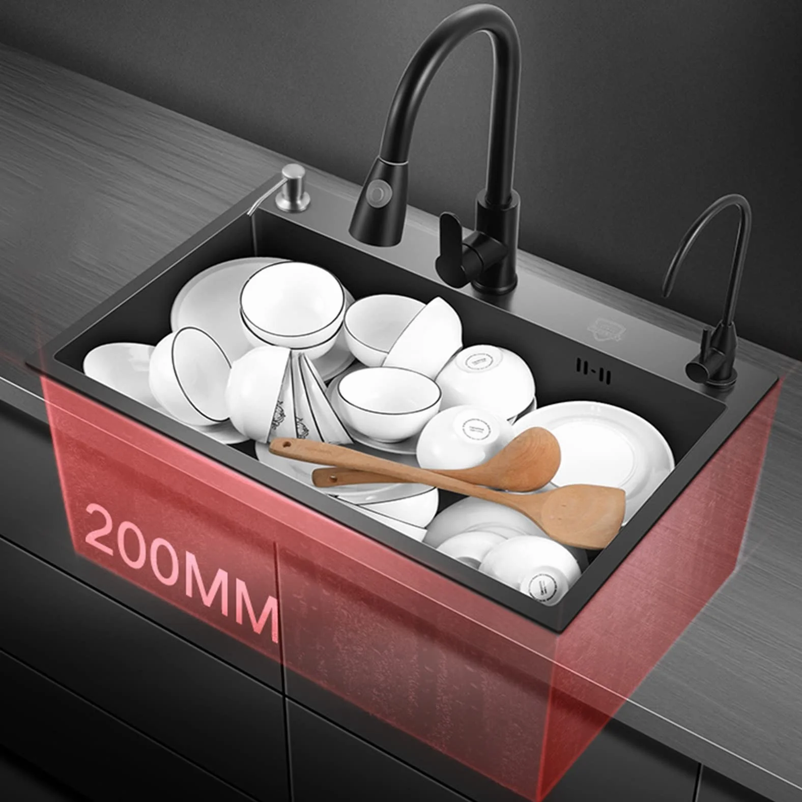 Zlewozmywak kuchenny Nano z trzema otworami, zlew z jedną miską, zlew ze stali nierdzewnej 304, zlew domowy z wyciąganym kranem. (Czarny szary 60x45x20cm)