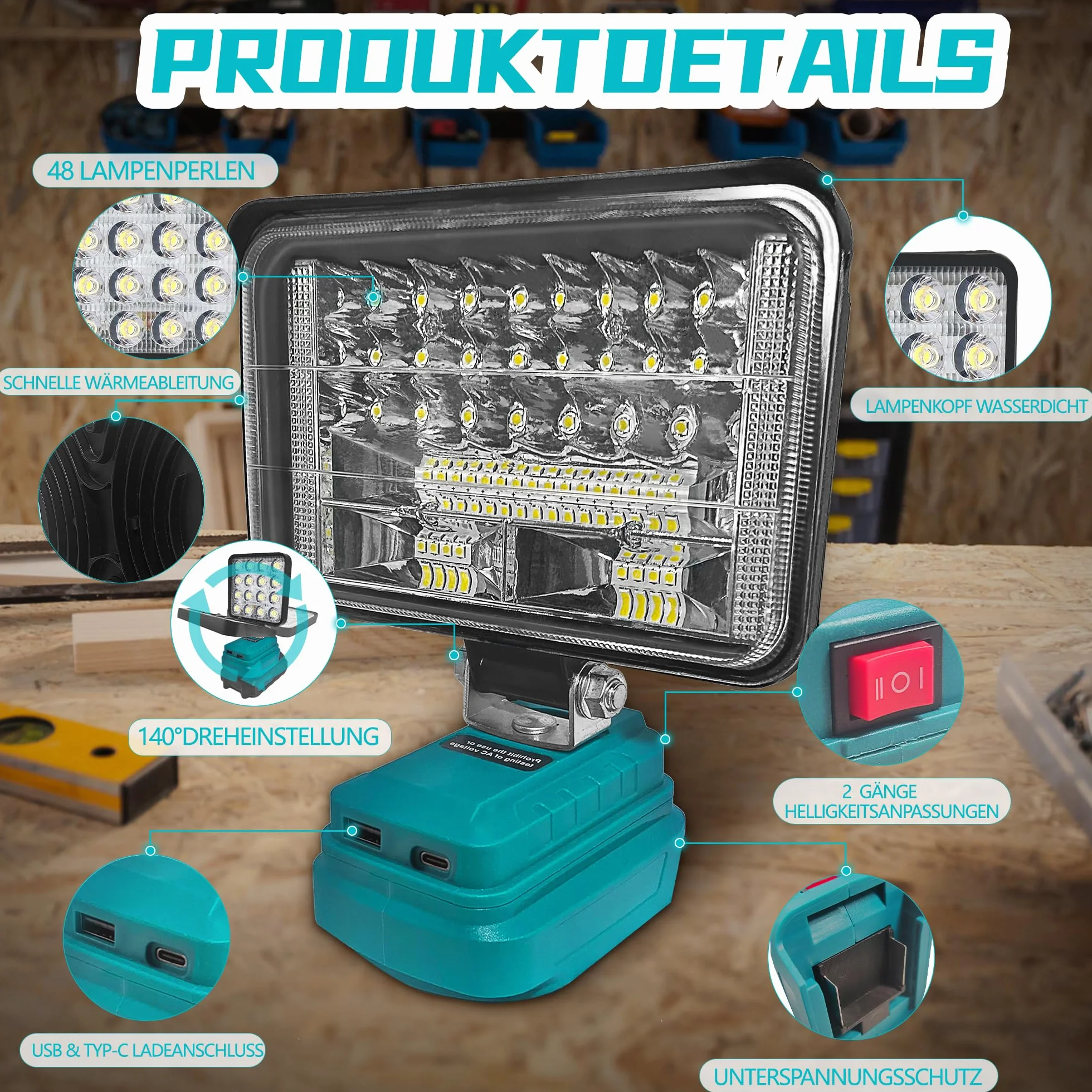 bycpower lampa akumulatorowa do Makita 18 V, 60 W, 5400 lm, bezprzewodowa lampa robocza, 2 tryby pracy LED, reflektor akumulatorowy z 2 ładowaniami USB, przenośny reflektor w sytuacjach awaryjnych, na