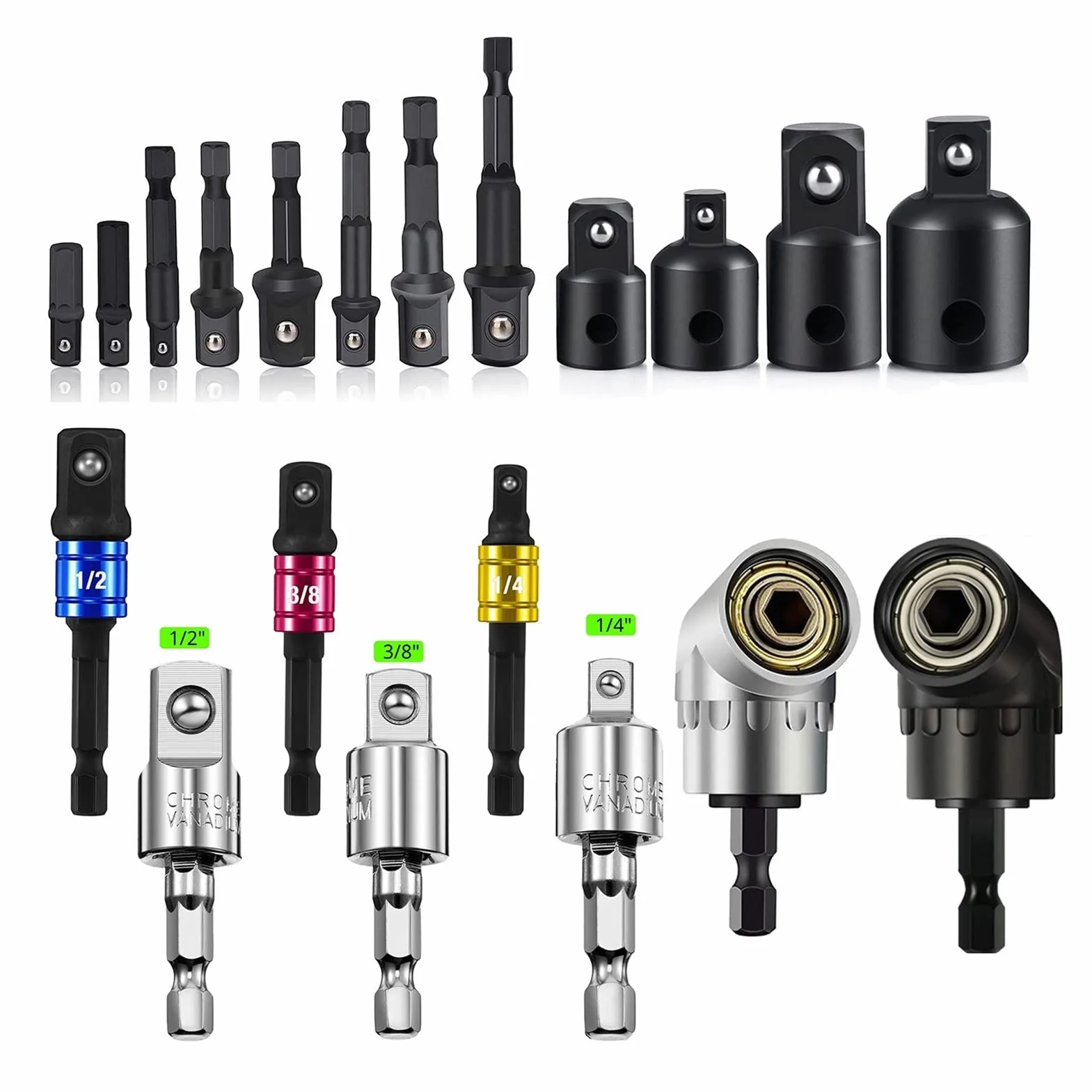 Adapter gniazdka sześciokrotnego, Zestaw adapterów do wiertarki, gniazd wiertarskich, bitów kątowych 105° i reduktorów(20pcs)