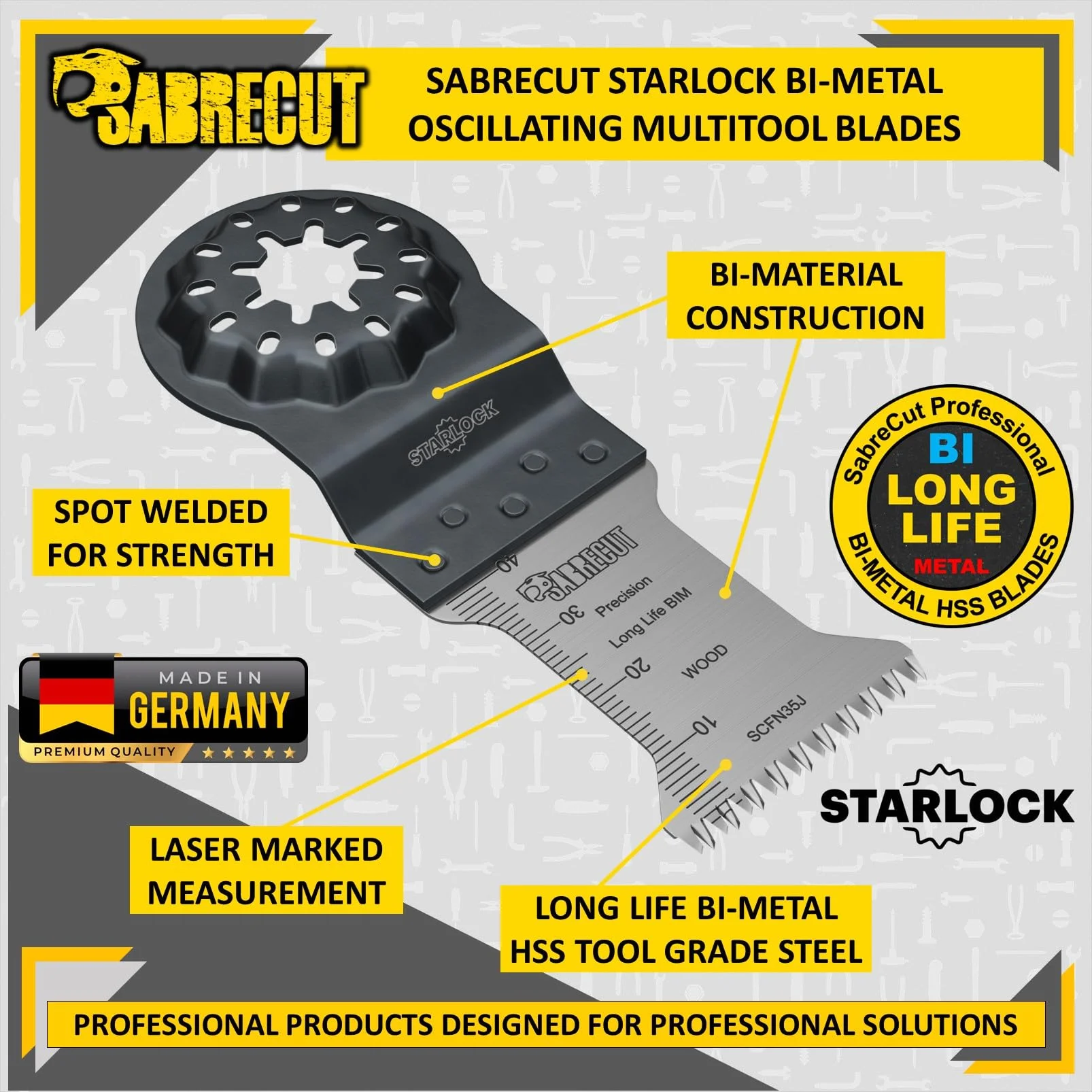 SabreCut 5pcs SCFN35J_5 35mm x 40mm 14 TPI Grube Ząb Ostrza multitool | Kompatybilne z Bosch, Fein (Non-StarLock), grube ostrza tną szybko