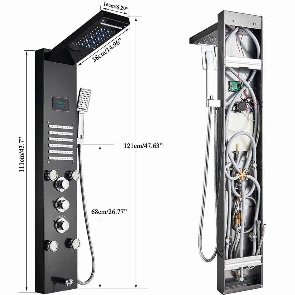 Panel prysznicowy LED, system wieżowy, deszcz, wodospad, masaż, czarny, stal nierdzewna