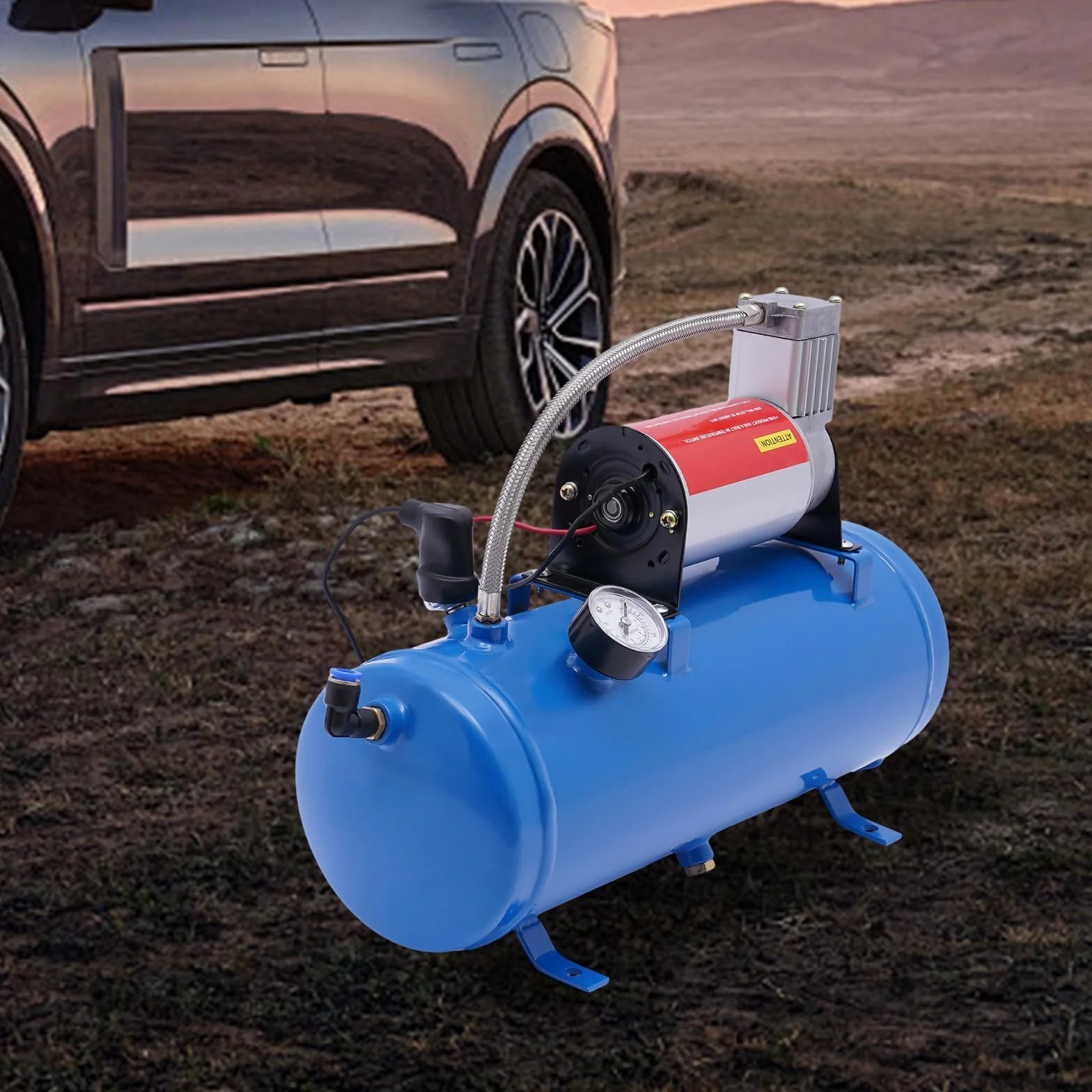 Sprężarka powietrza 12 V ze zbiornikiem 6 l, 100 psi, kompresor sprężonego powietrza, zestaw zbiorników do klaksonu samochodowego, do pompowania opon, ciężarówek, SUV-ów