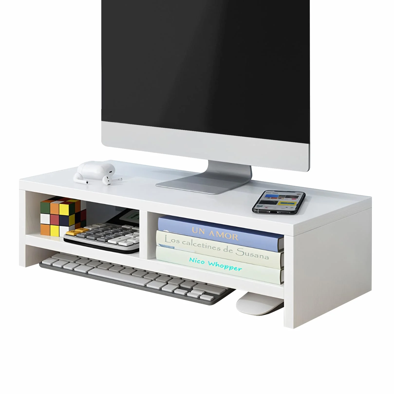Stojak Na Monitor Biały Z Drewna z 2 Półkami Podwyższenie Ekranu Stojak Na Monitor Komputerowy Na Biurko Idealny Do Domowego Biura 40 X 20 X 13 Cm