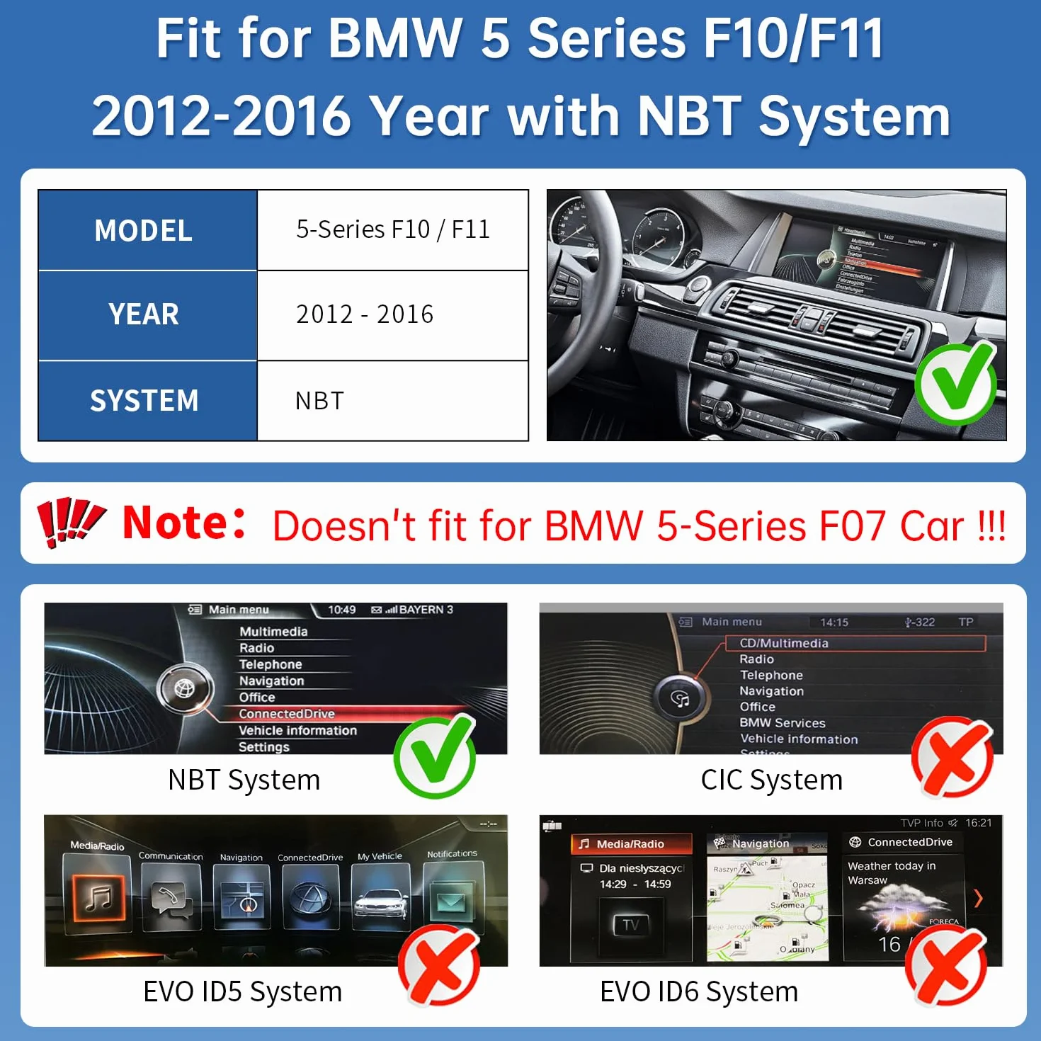 Road Top 12,3-calowy ekran CarPlay radio samochodowe BMW 5 F10 F11 NBT 2012-2016