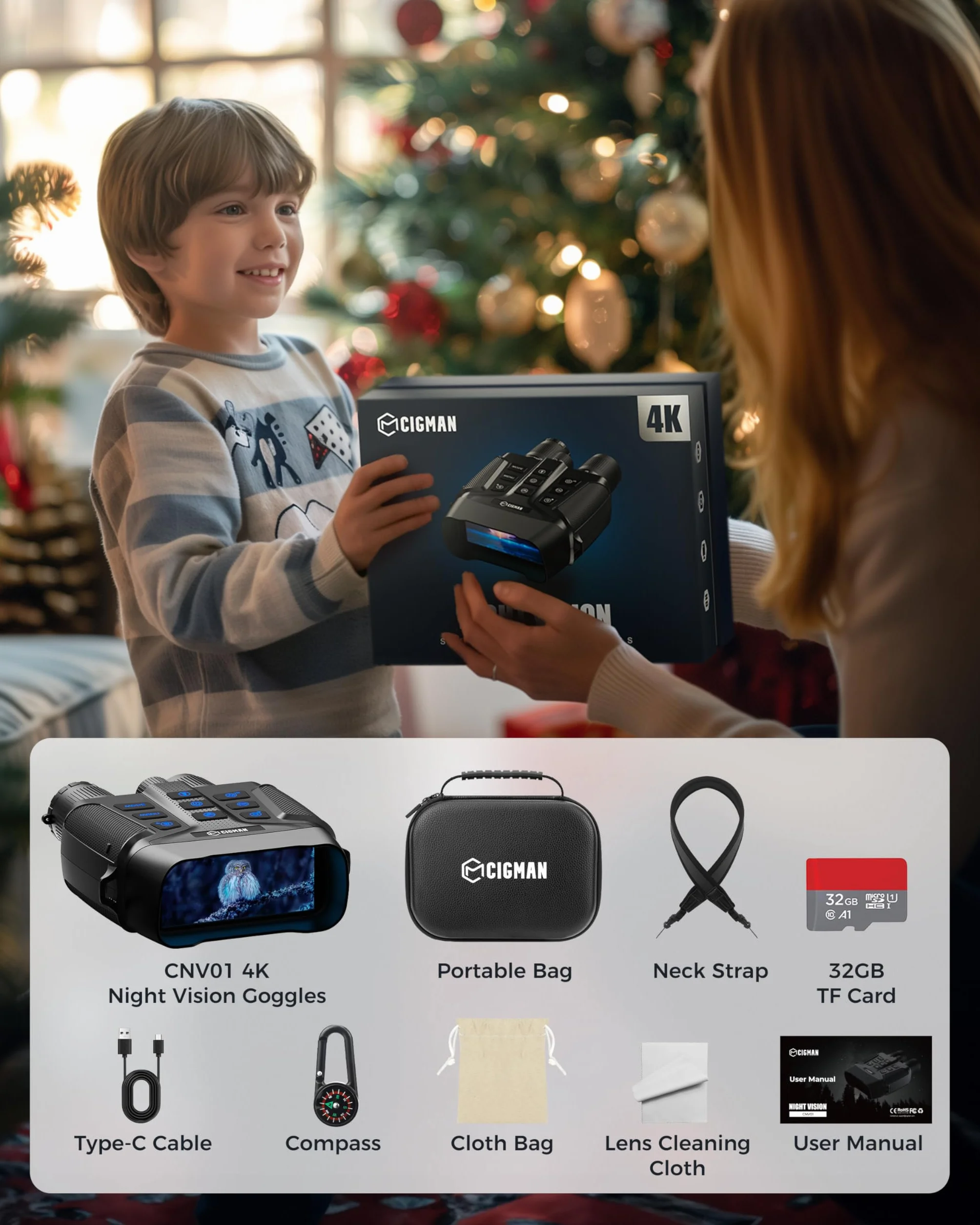 CIGMAN Gogle noktowizyjne 600 m HD 1080P 4" 5000 mAh lornetka na podczerwień f/1.0 5-krotny zoom cyfrowy