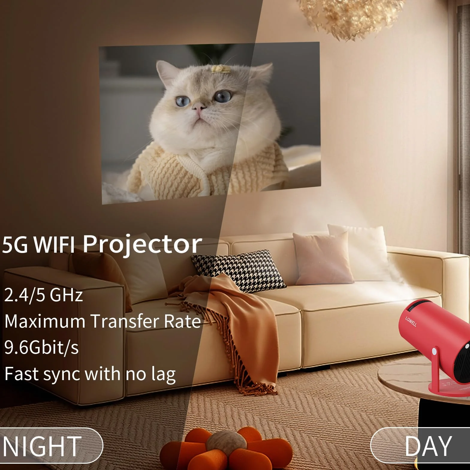 Mini projektor 5G WiFi BT5.0 Android automatyczna korekcja trapezu 220° 130 cali 4K HDMI