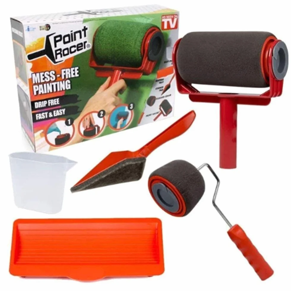 Zestaw wałków do malowania z drążkiem przedłużającym i systemem zapobiegającym rozpryskiwaniu narożników i nalewaczem w zestawie Easy Flow Blue Paint Runner Pro Kit