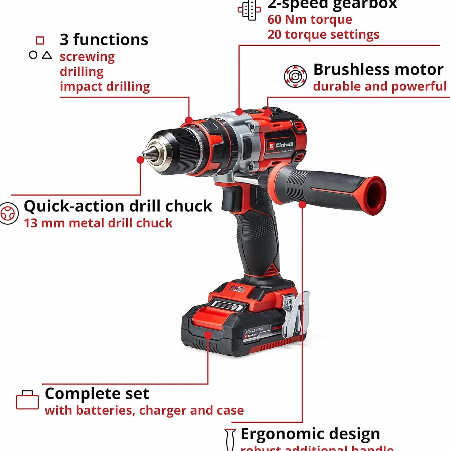 Einhell Te-Cd 18 Li-I Bl Wiertarko-Wkrętarka, Czerwony/Czarny, ‎7,8 x 2,91 x 9,25 cm; 1,5 kg