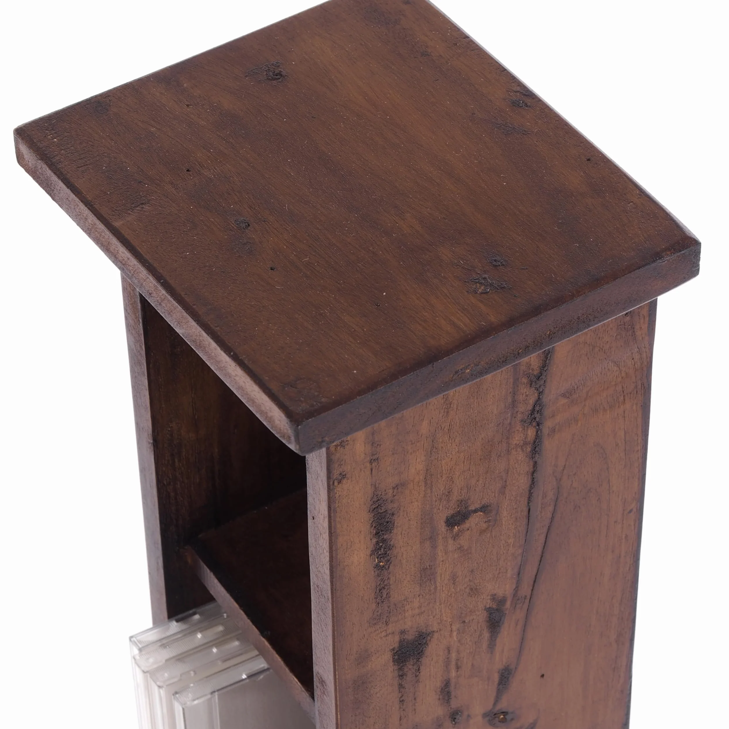 DESIGN DELIGHTS Rustykalny drewniany regał na płyty CD Tower | lite drewno mahoń, 75 x 18 x 14,5 cm (wys. x szer. x gł.) | drewniany regał z 4 półkami, przechowywanie płyt CD | kolor: 02 jasnobrązowy