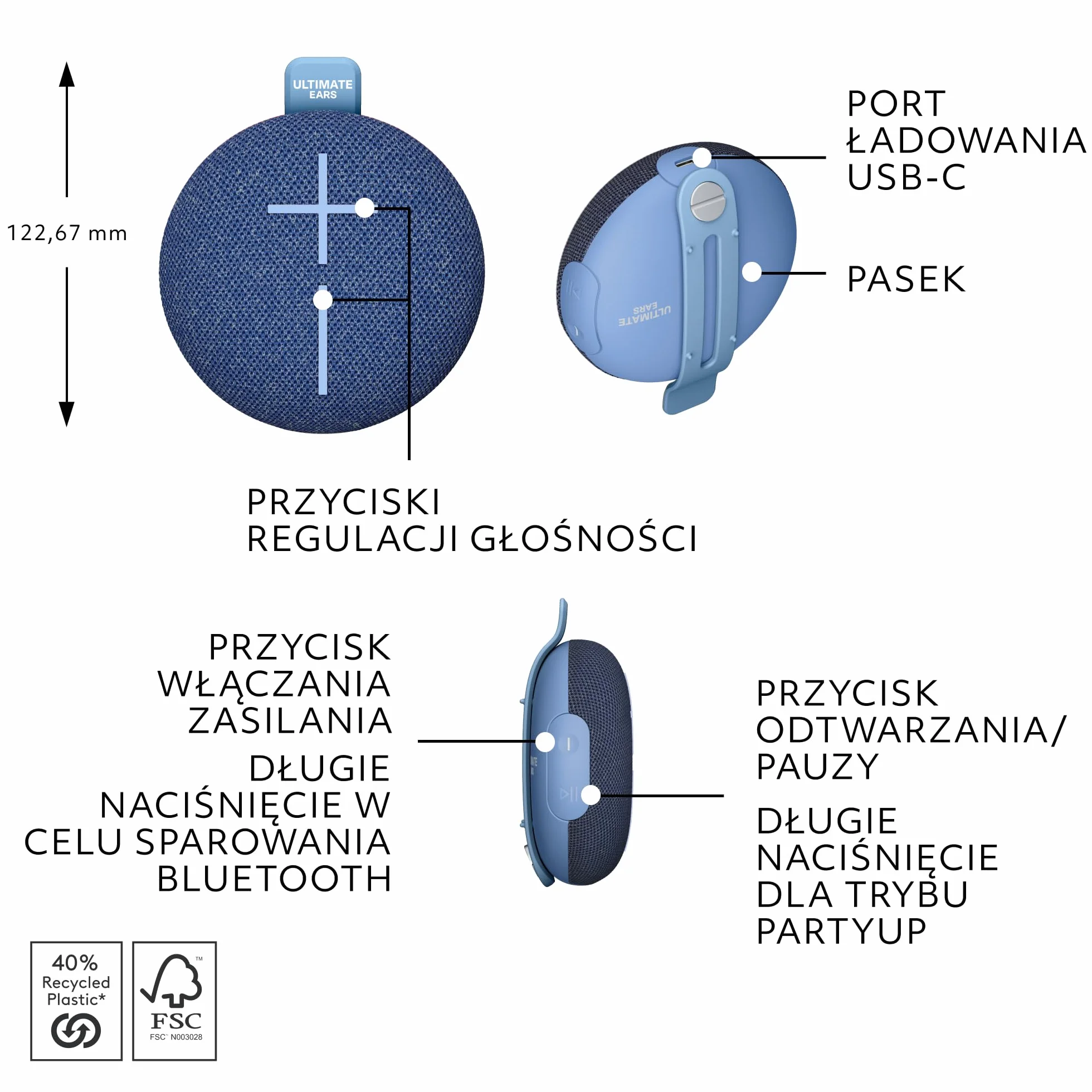 ULTIMATE EARS MINIROLL wodoodporny głośnik Bluetooth IP67 40m Majestic Blue